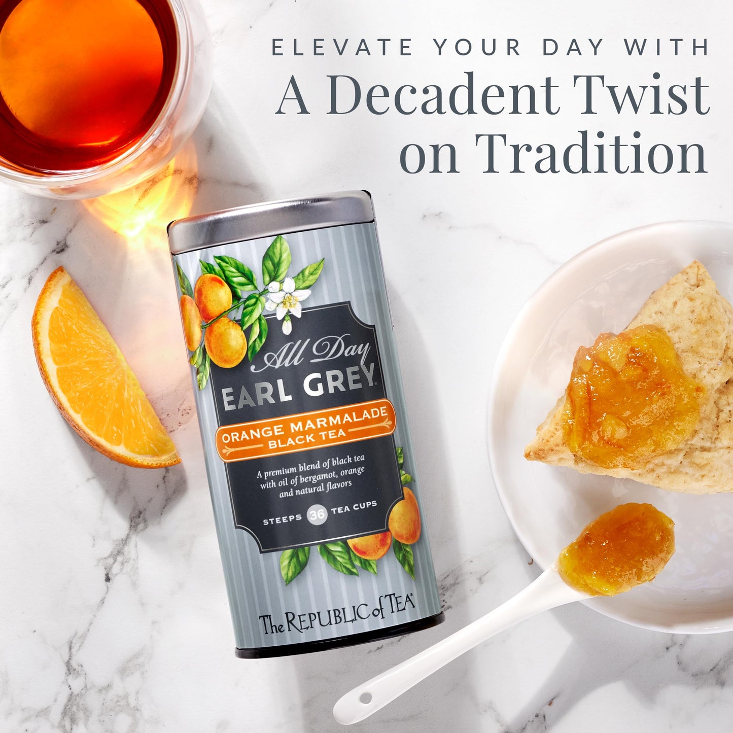 The Republic of Tea All Day Earl Grey Orange Marmalade Black Tea, Naturally Caffeinated, 36 Tea Bags