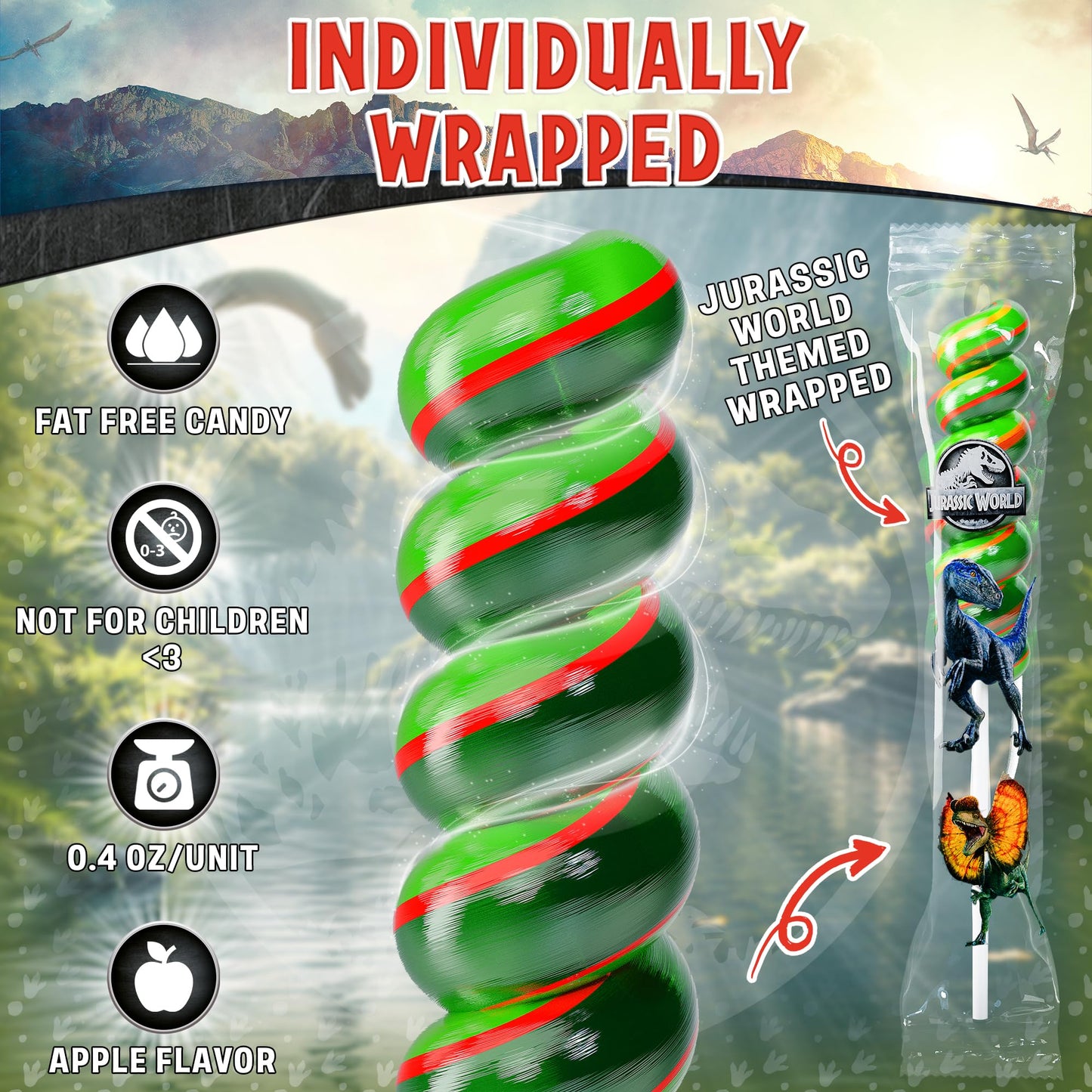 Jurassic World Lollipops Swirl 20Pk- Jurassic World Candy For Dinosaur Party Favors & Jurassic World Party Favors - Dinosaur Can