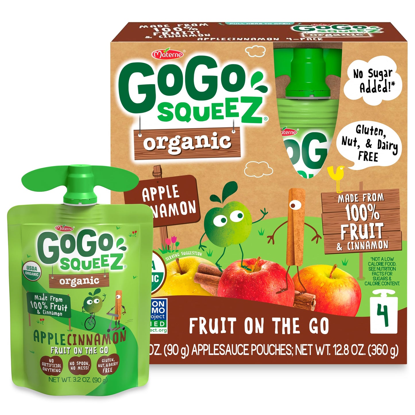 Gogo Squeez Organic Applesauce And Fruit Puree, Apple Cinnamon, 3.2 Oz (Pack Of 4), Unsweetened Organic Fruit Snacks For Kids, G