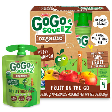 GoGo squeeZ Organic Applesauce and Fruit Puree  Apple Cinnamon  3.2 oz (Pack of 4)  Unsweetened Organic Fruit Snacks for Kids  Gluten Free  Nut Free and Dairy Free  Recloseable Cap  BPA Free Pouches