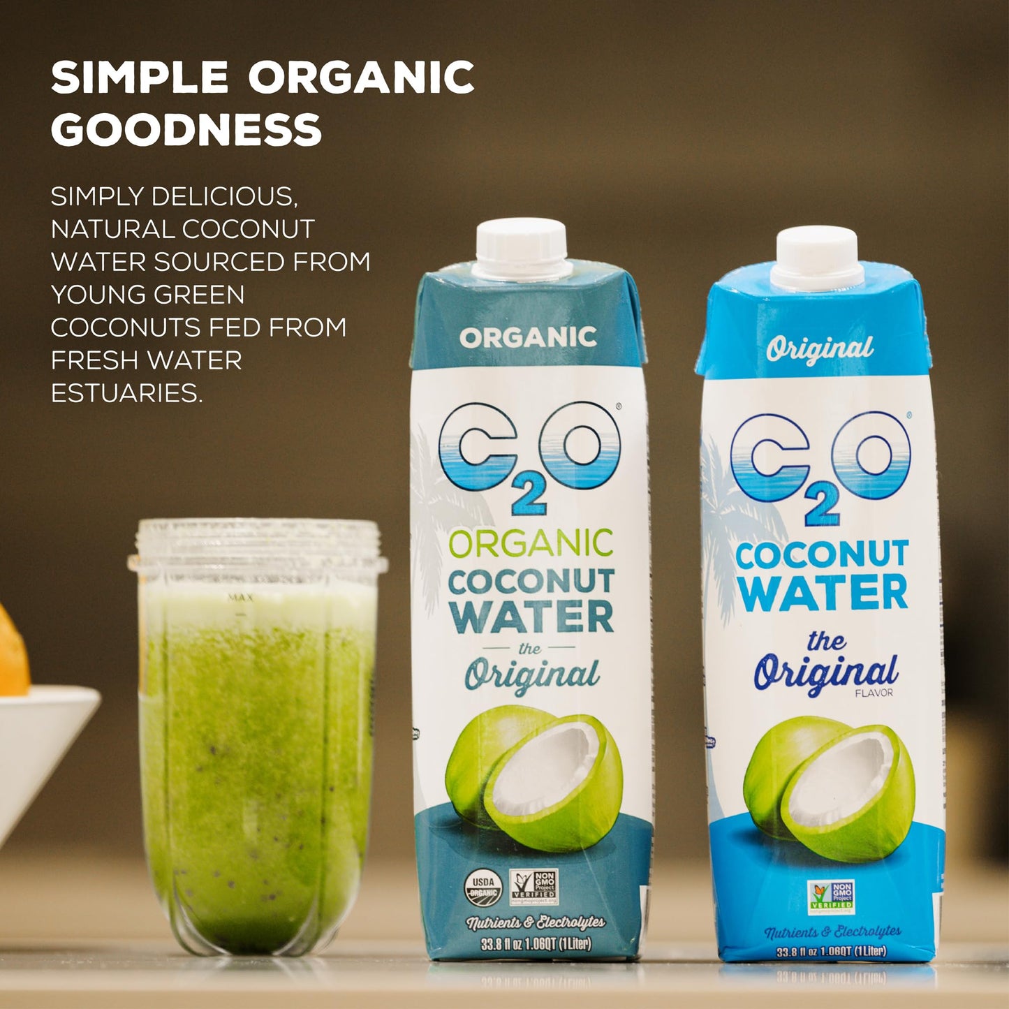 C2O Organic Coconut Water - 6 Tetra Packs, 33.8 Fl Oz - Plant Based, Non GMO, Natural Hydration