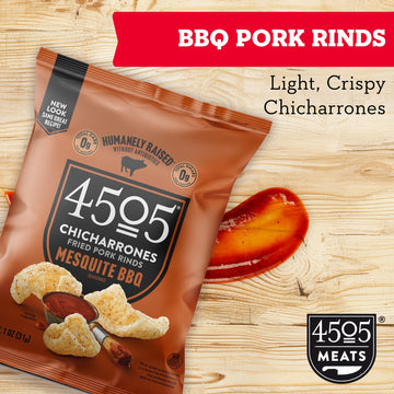 4505 BBQ Seasoned Chicharrones, Fried Pork Rinds - Barbeque Flavored Pork Skins - Low Carb, Gluten-Free, Protein Snack - 1.1oz (