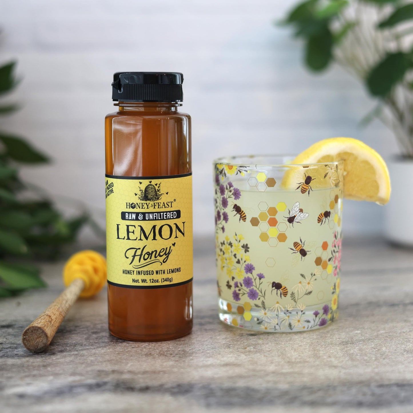 Honey Feast Organic Lemon Honey 12Oz | Raw Unfiltered Honey Infused With Florida Organic Lemon Zest | Perfect For Tea, Gourmet D