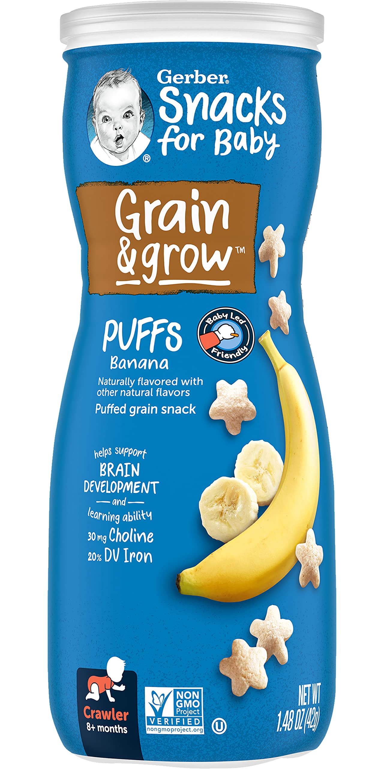 Gerber Snacks For Baby Grain & Grow Puffs, Banana, Puffed Whole Grain Snack For Crawlers, Non-Gmo & Baby Led Friendly, 1.48-Ounc