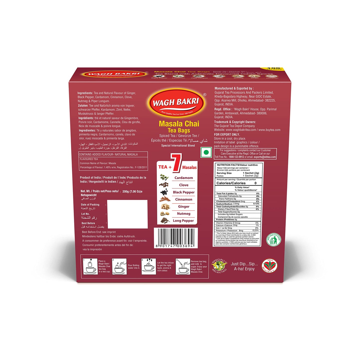 Wagh Bakri Masala Chai Tea Bags  100 Tea bags of Special International Blend  200 grams
