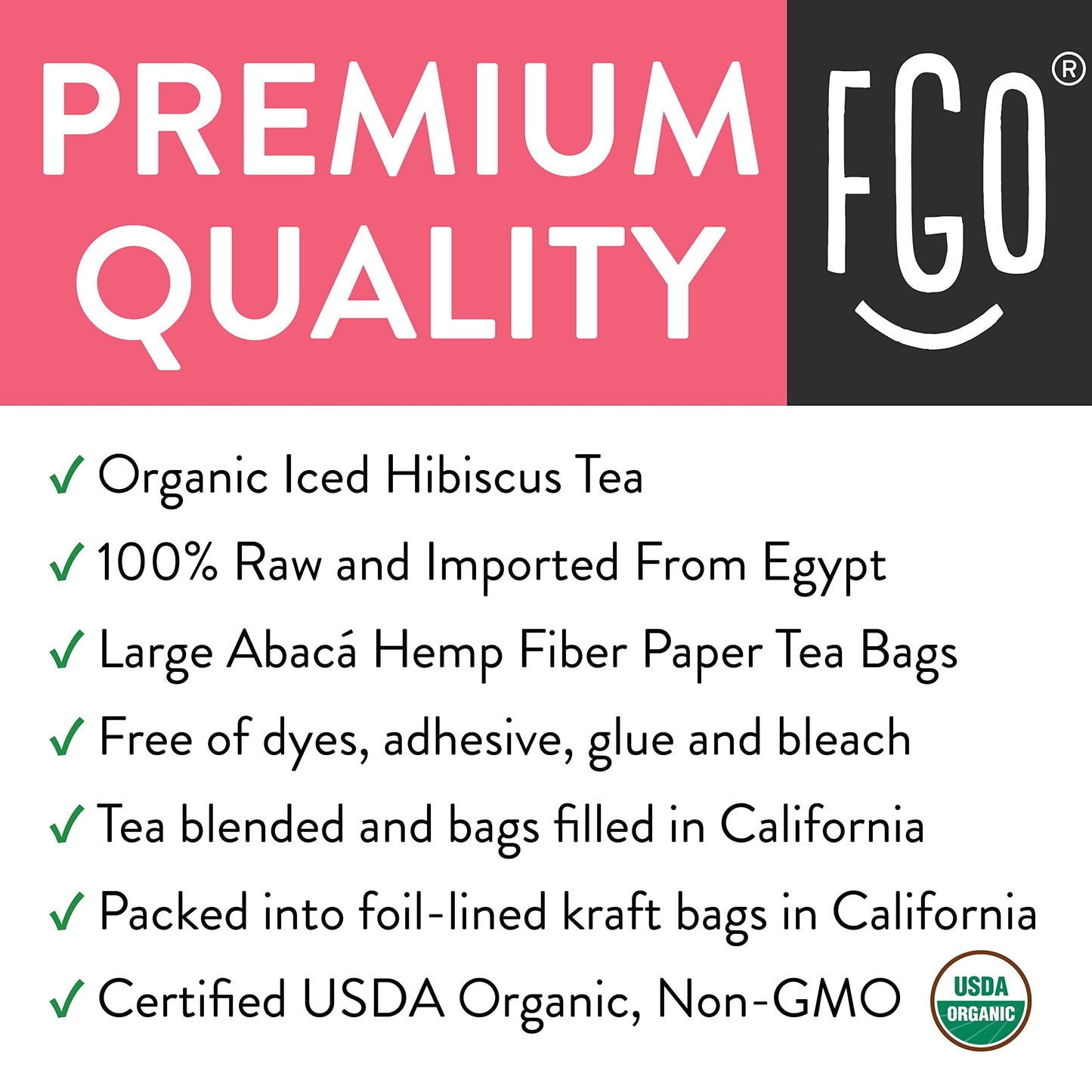 FGO Organic Hibiscus Iced Tea Bags - Eco-Conscious Kraft Bag, 36 Pitcher Bags