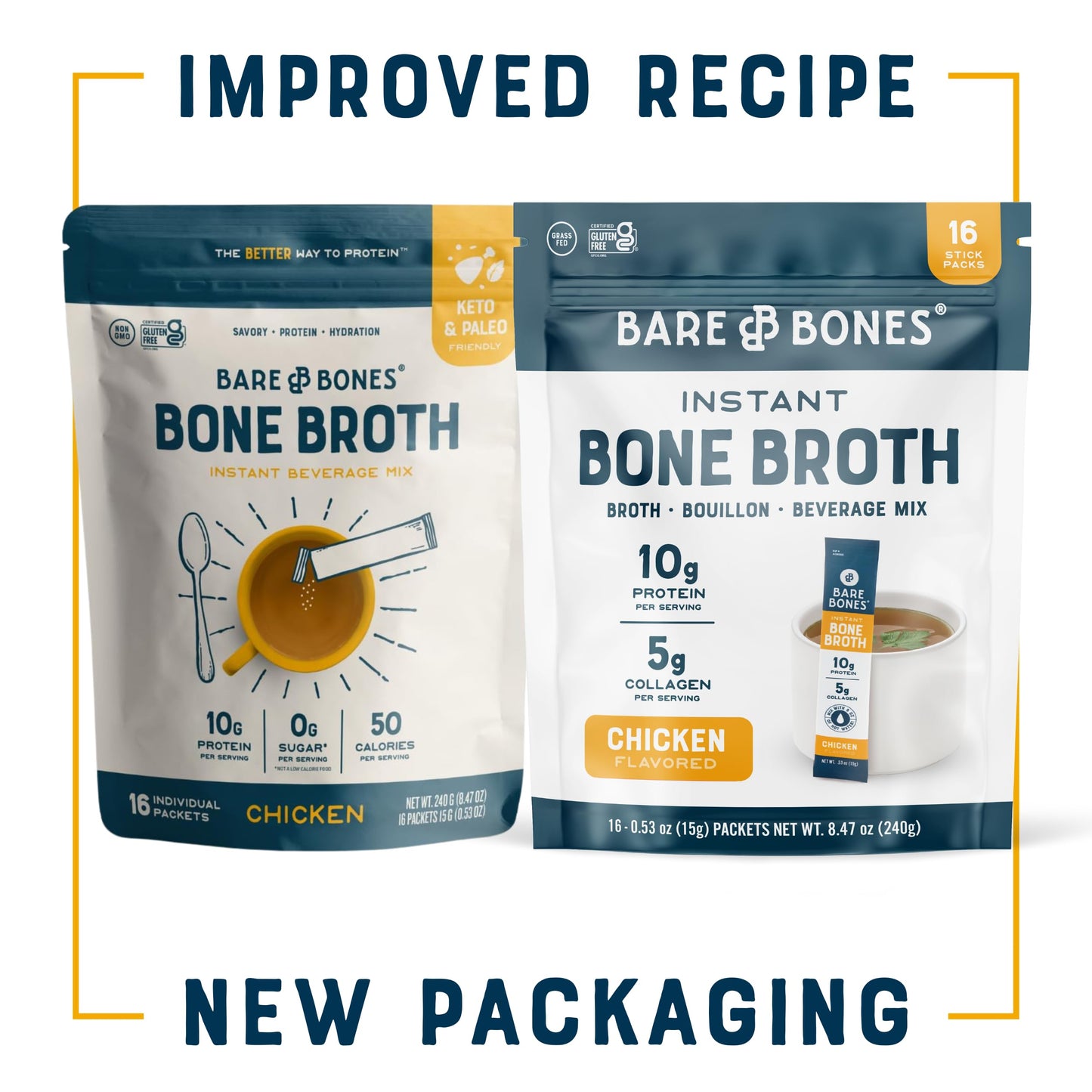 Bare Bones Bone Broth Instant Powdered Beverage Mix, Chicken, Pack of 32, 15g Sticks, 10g Protein, Keto & Paleo Friendly