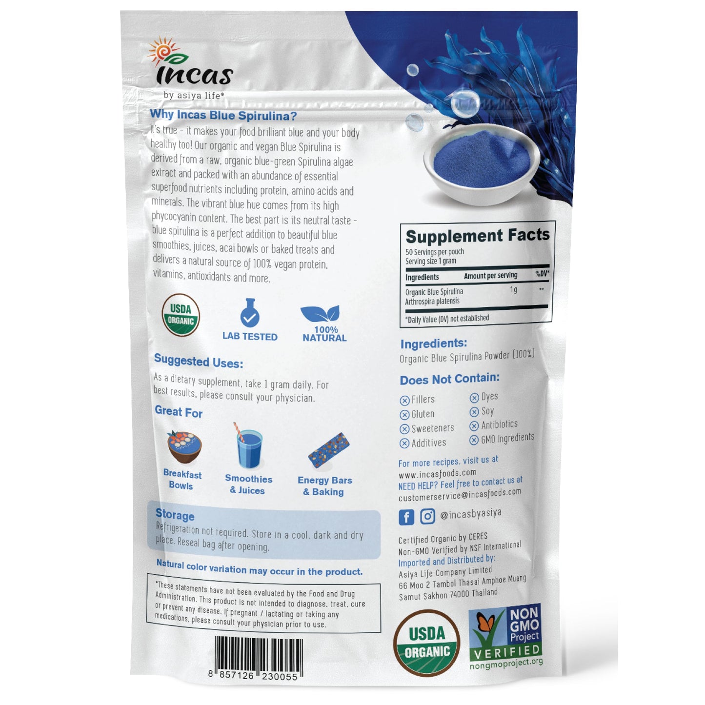 USDA Organic Blue Spirulina Powder (Phycocyanin Extract), 50 Servings - No Fishy Smell, 100% Vegan Protein from Blue-Green Algae