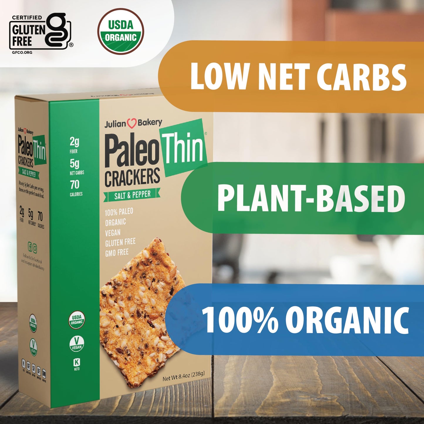 Julian Bakery Paleo Thin Crackers | Salt & Pepper | Usda Organic | Gluten-Free | Grain-Free | Gmo Free | Low Carb | 1 Pack