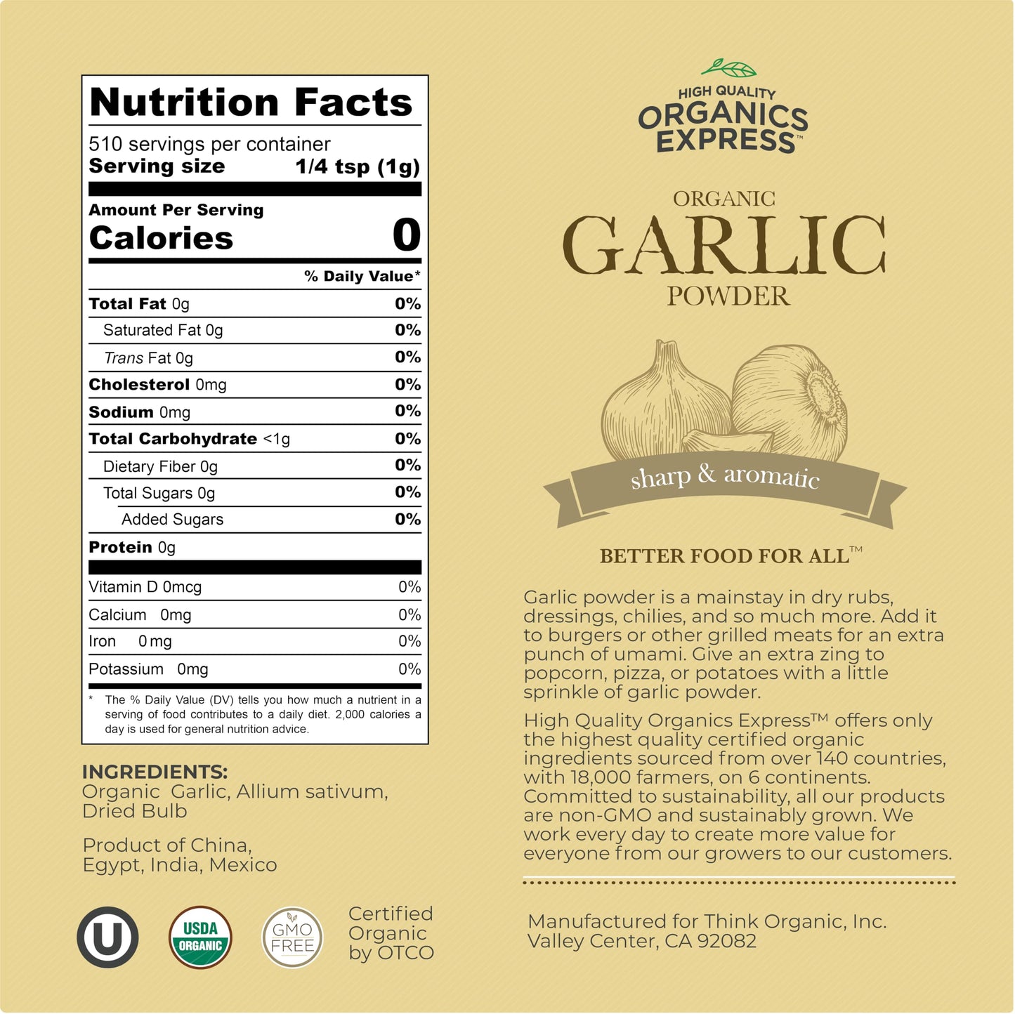 HqO Organic Garlic Powder - Non-GMO, Kosher, USDA Certified - 18 oz Chef Jar