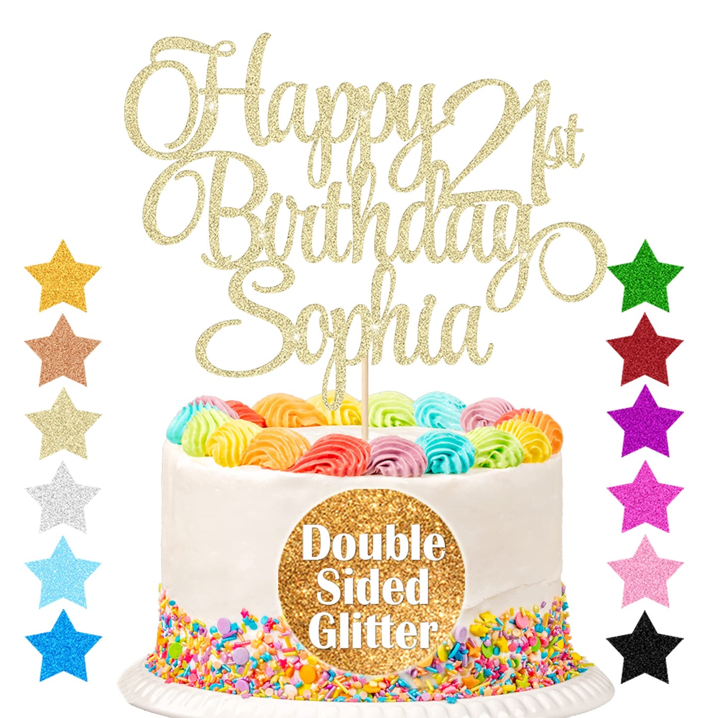 EDSG Happy Birthday Cake Topper Personalized Double-Sided Glitter 7x4 Champagne Gold