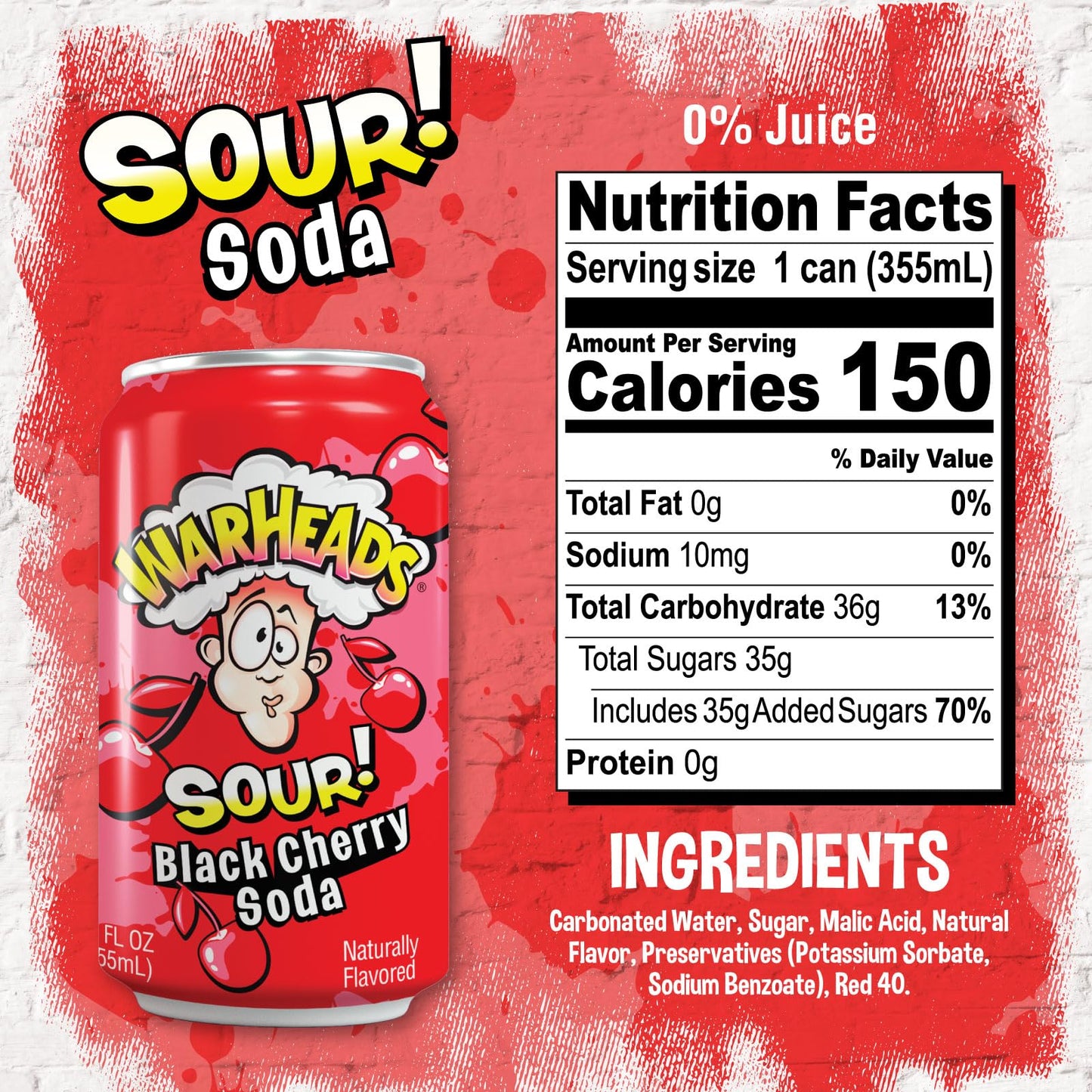 Warheads Sour Fruity Soda, Classic Flavors, 12 Fl Oz (Pack of 12), Black Cherry