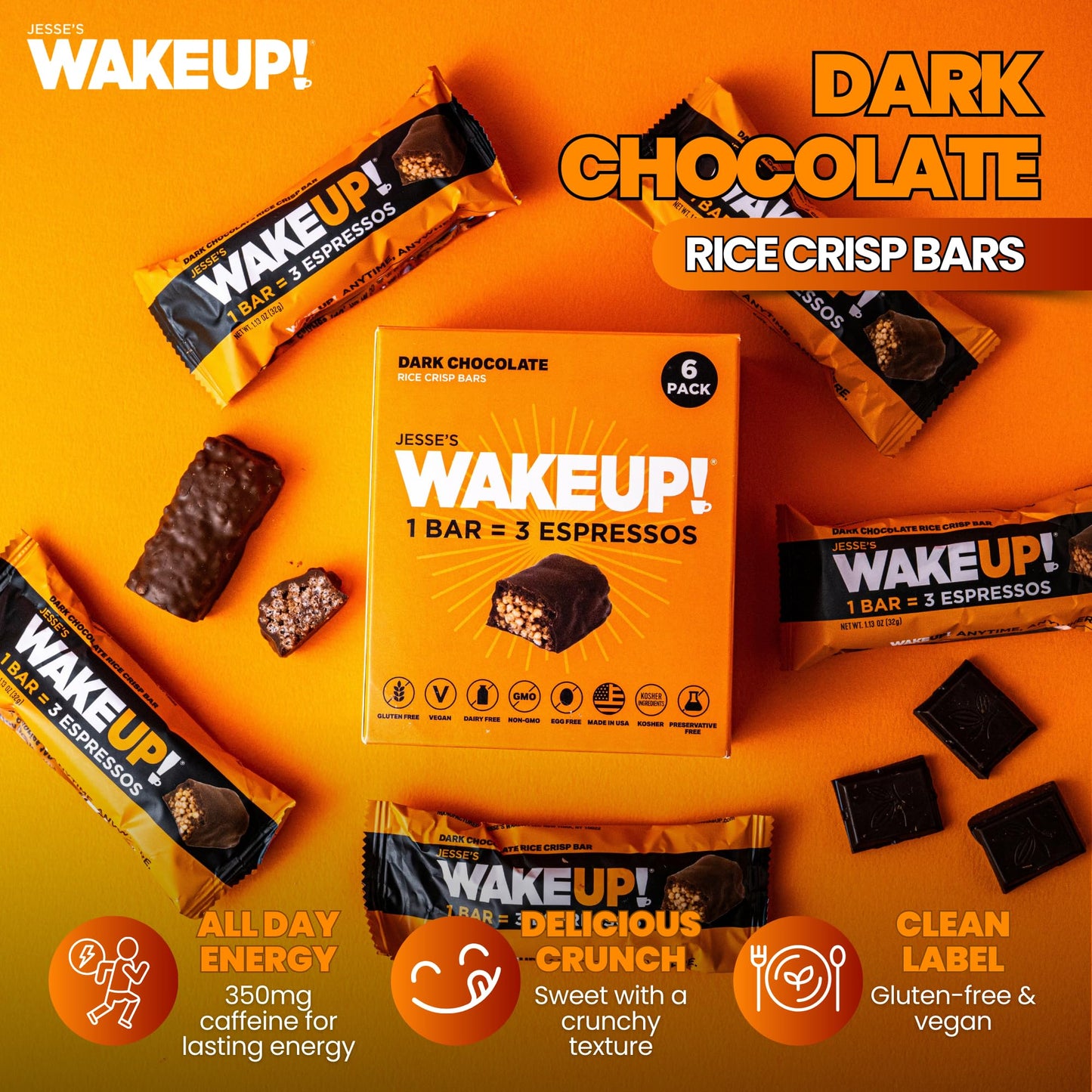 Wake Up!™ Chocolate Caffeinated Protein Bars – 350 Mg Clean Caffeine (1 Bar = 3 Espressos) • Vegan, Gluten-Free, Kosher • Plant-Based Energy + Protein • On-The-Go Focus & Endurance