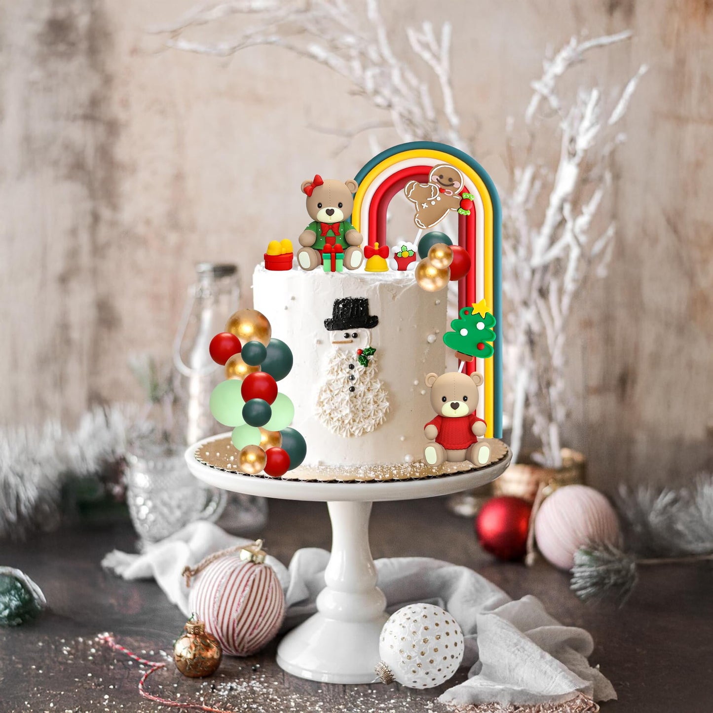 Ephlyn Christmas Bear Cake Toppers Rainbow Ball Cake Decorations Xmas Tree Gingerbread Man Socks Cupcake Toppers For Halloween Theme Baby Shower Birthday Party Supplies Red