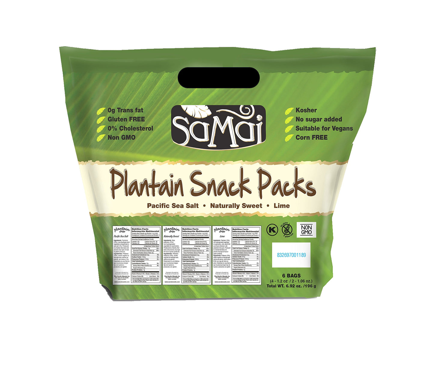 Samai Plantain 3 Flavor Snack Pack, Includes Pacific Sea Salt, Naturally Sweet, And Lime Flavors (6 Count)