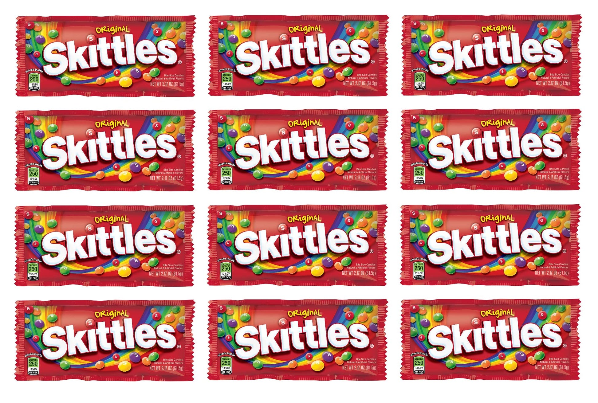 Skittles - Original, Wild Berry, Tropical, Smoothies, Sour, Brightside, All Lime - Full Size, Bite Size Candy, Individual Packs - Great For Holidays, Parties, Gifts & More ! (Original - 2.17 Ounce, 12 Count)