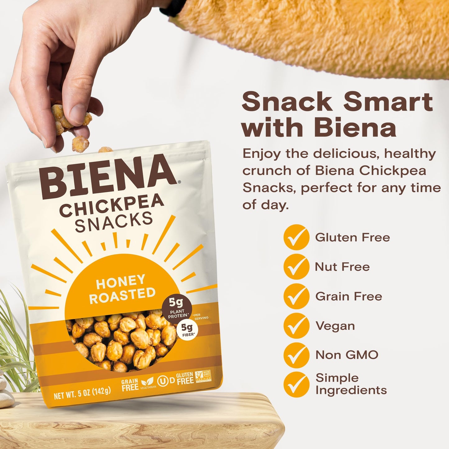 BIENA Chickpea Snacks - Crunchy Roasted - High Fiber Protein - 4-Pack, 5 Ounce Bags - Honey Roasted - Brown