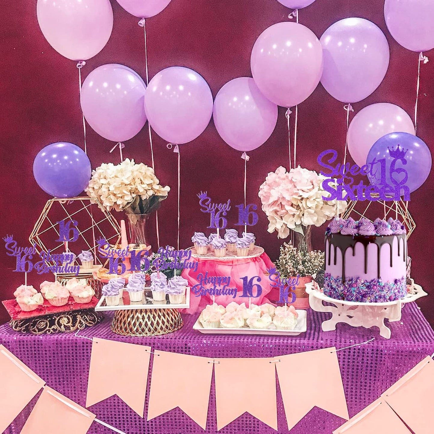 Joymemo 25 Pack 16Th Birthday Cake Decorations Purple, Sweet 16 Sixteen Cake Topper, Happy Birthday Sweet 16 Cupcake Toppers For