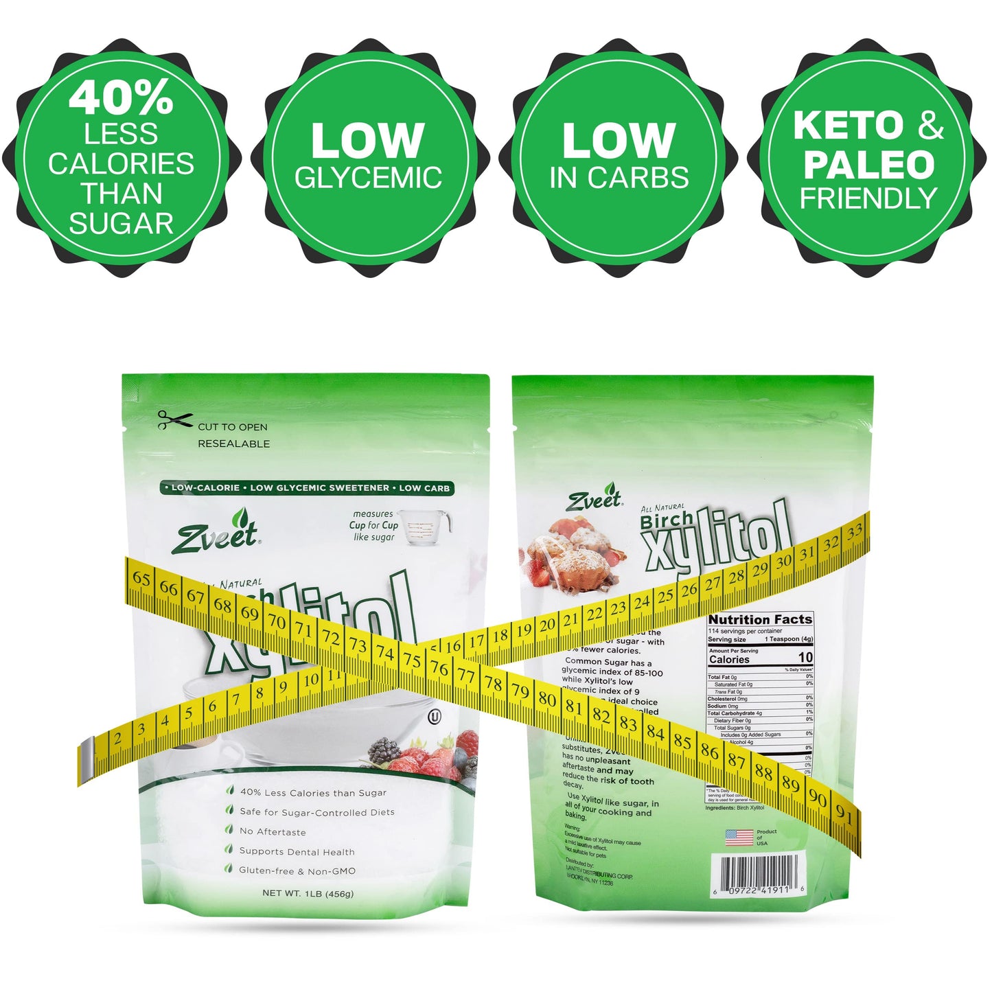 Zveet Birch Xylitol Sweetener - Keto Friendly, Non-GMO, 1 Pound, Green