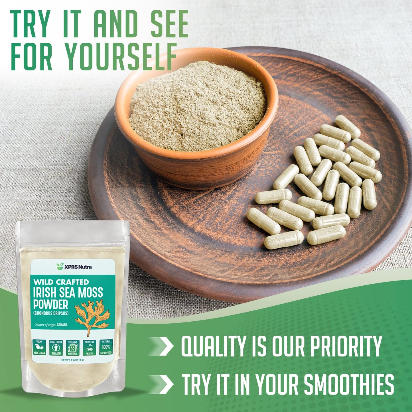 Xprs Nutra Irish Sea Moss Powder (Chondracanthus Chamissoi) - Enhanced Wildcrafted Seamoss Powder For Glowing Skin - Total Body Health Sea Moss Drink Powder - Vegan Friendly Irish Moss Powder (4 Oz)