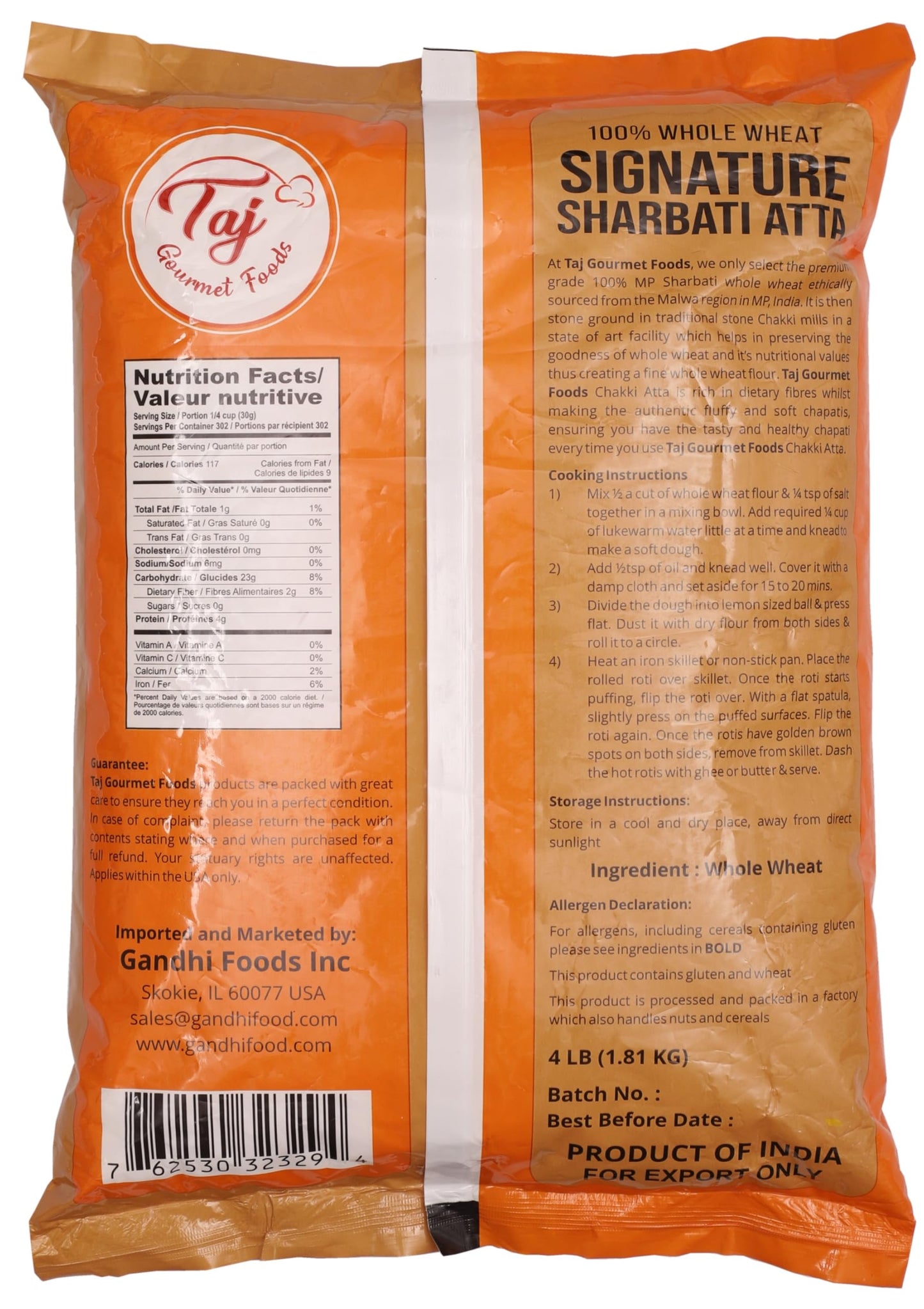 Taj Signature Sharbati Atta, 4Lbs (Chakki Atta - Stone Ground) 100% Whole Wheat Flour, Chappati Flour