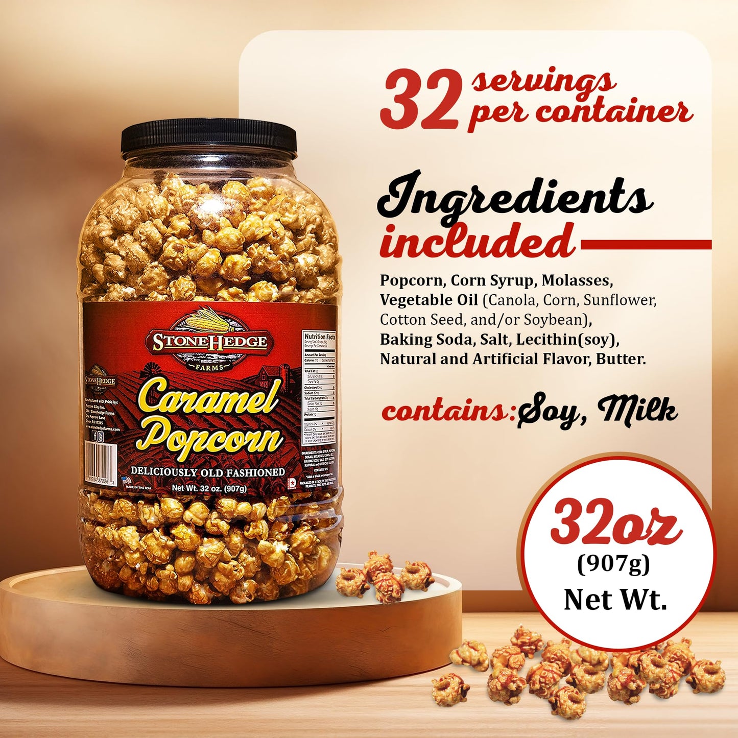 Stonehedge Farms Caramel Flavored Popcorn - 32 Oz Large Tub - Bulk Gourmet Deliciously Old Fashioned Popped Sweet Snacks - Made