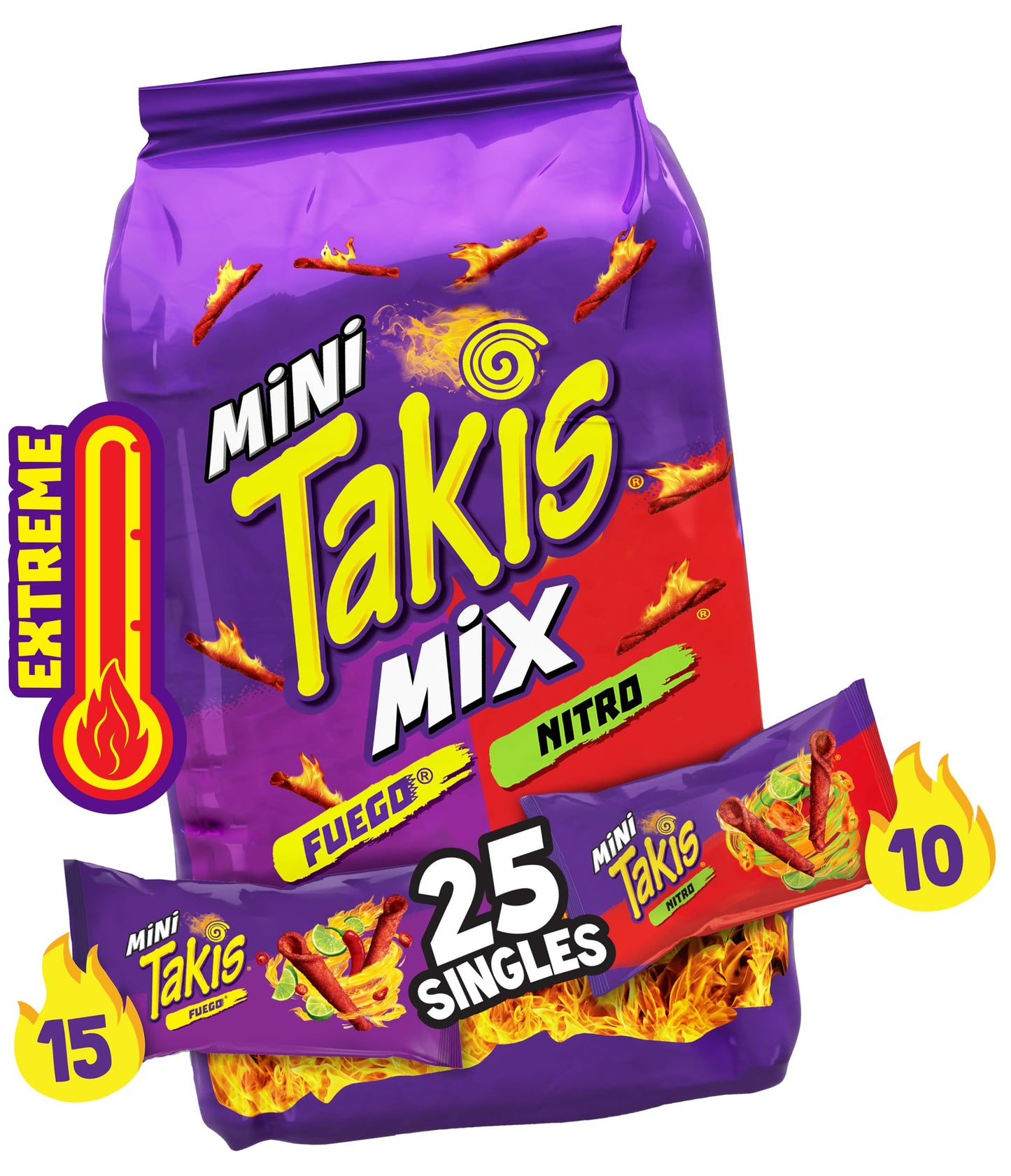 Takis Mini Variety Pack, Assorted Flavored Rolled Tortilla Chips, 25 Count, Fuego & Nitro