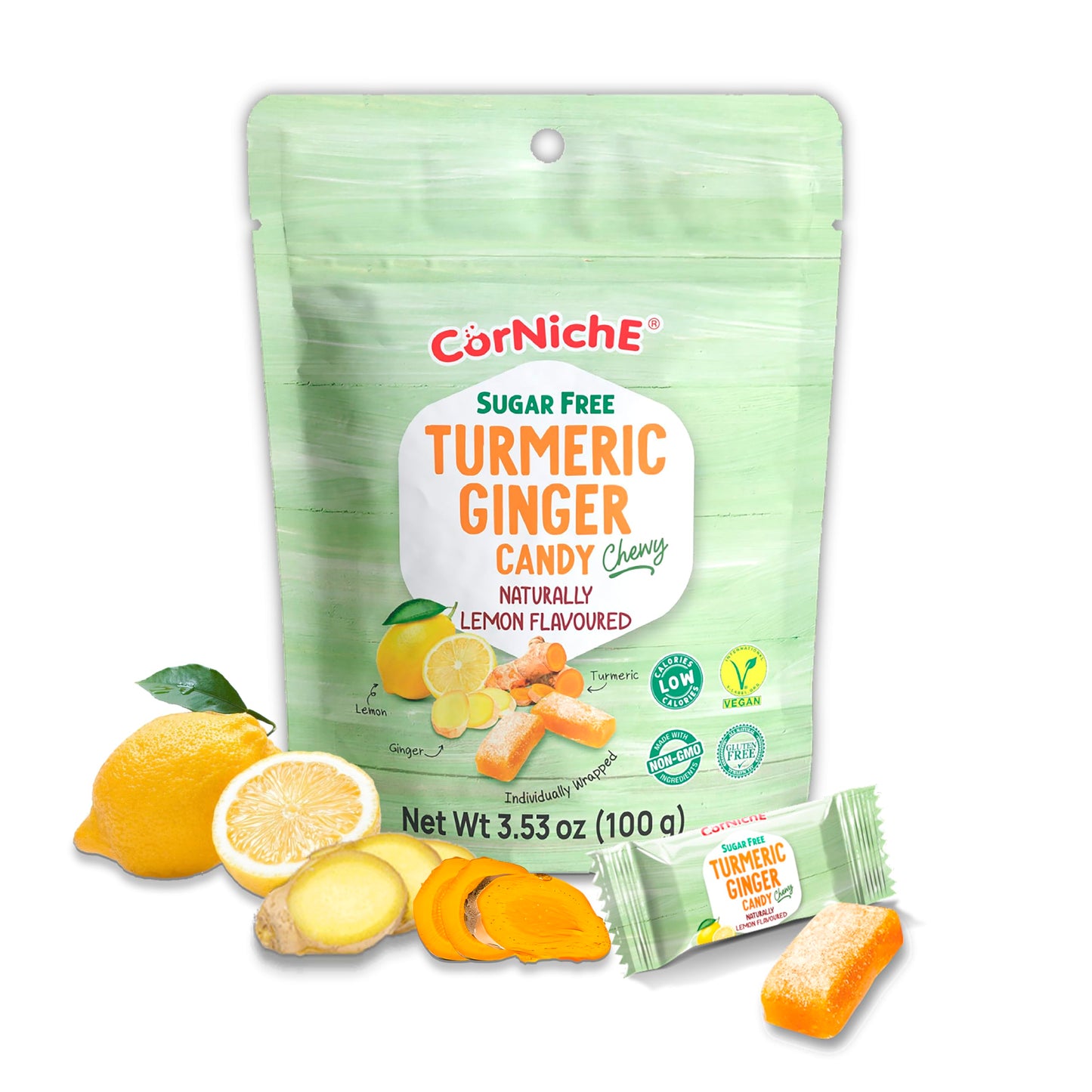 Corniche Turmeric Ginger Candy, Individually Wrapped, 3.53 Oz Bag, Lemon Flavor