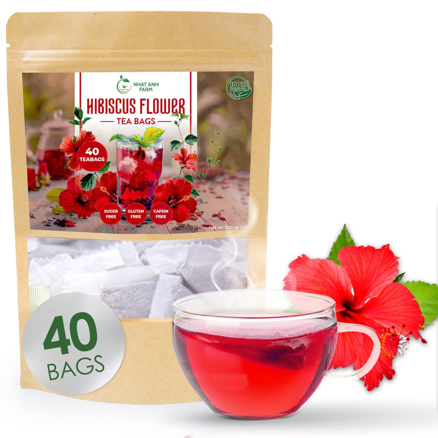 Top-Grade Hibiscus Tea Bags - Dried Hibiscus Flower Tea Bags - 40 Teabags  2.5G/Bag)  100% Natural & Pure Hibiscus Flowers  Sugar/Energy Blend/Gluten Free. Good For Your Health