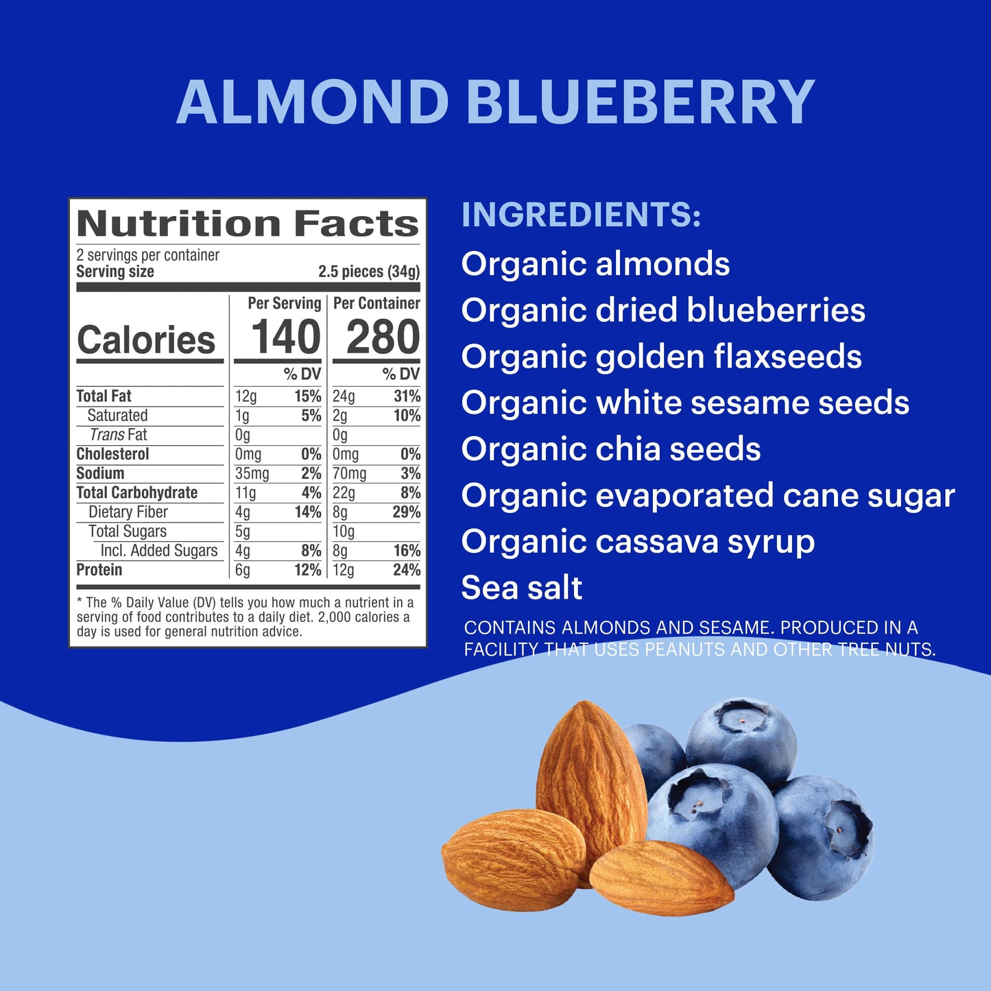 Tosi Almond Blueberry Protein Bars, Plant Based with Nuts, Gluten-Free Crunchy Snacks, Vegan, Organic, Flax & Chia Seeds, Soy-Fr