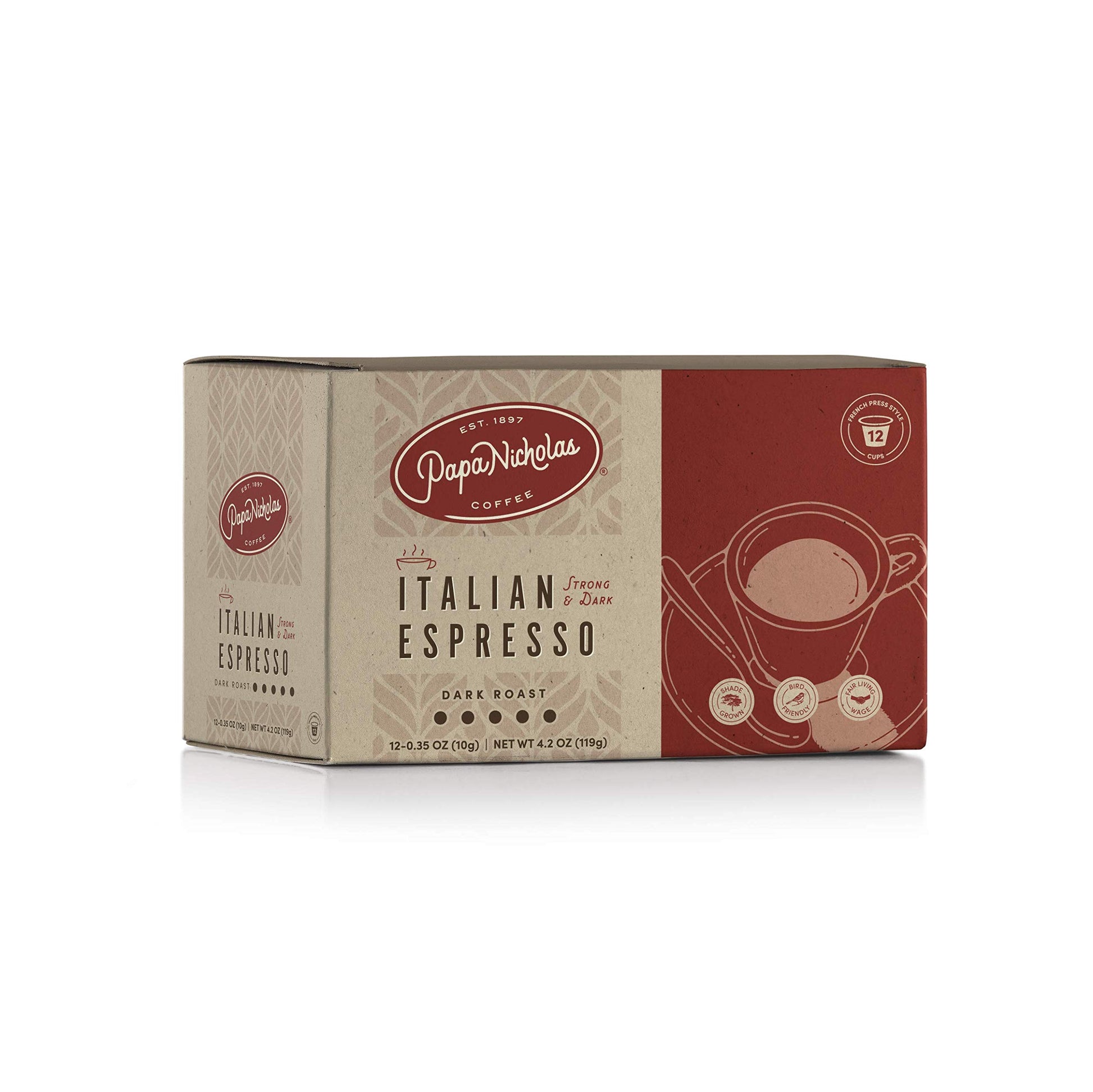 Papanicholas Coffee Italian Espresso Dark Roast Coffee Pods, 12 Count, Compatible with Keurig K Cup Brewers