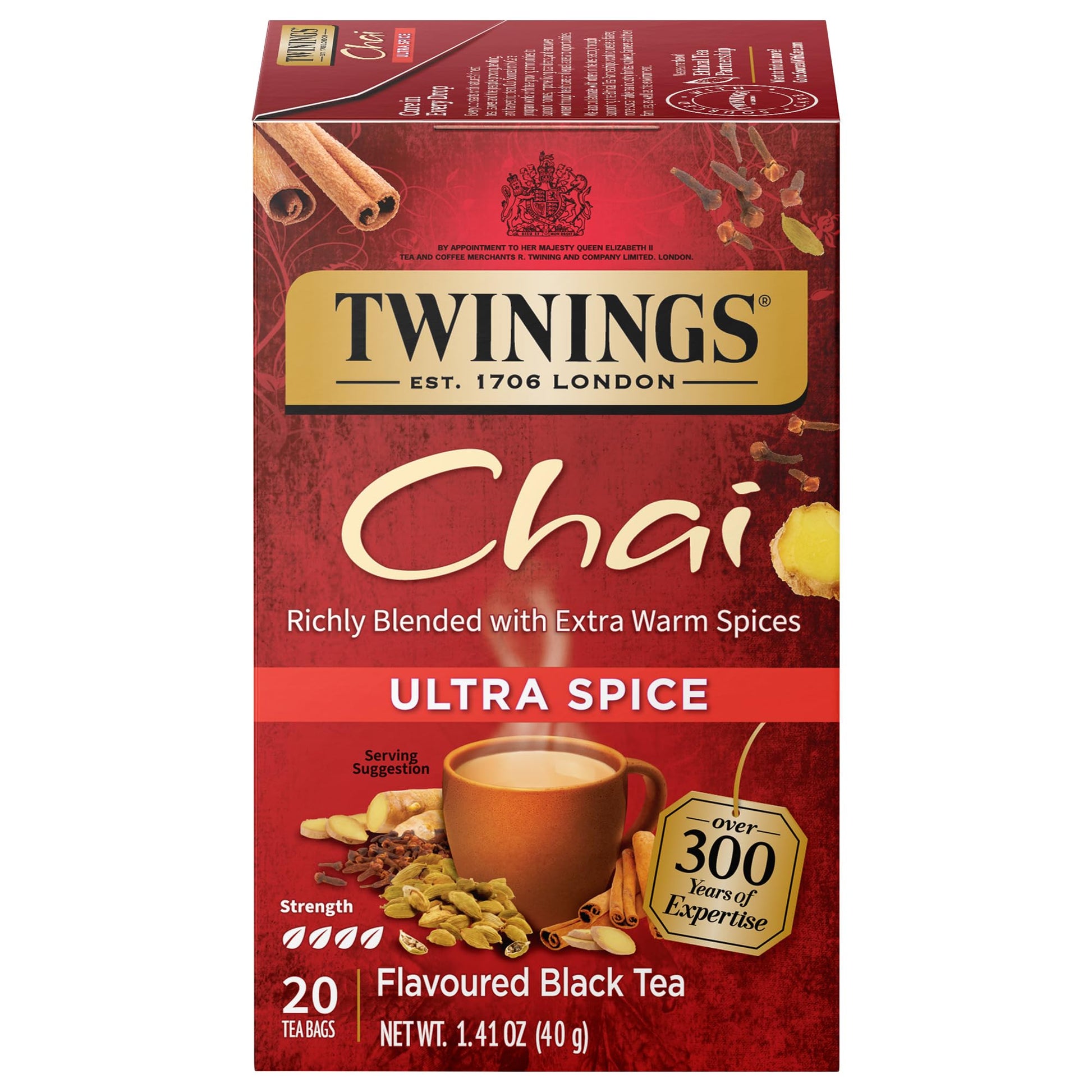 Twinings Ultra Spice Chai Individually Wrapped Bags, 20 Count (Pack Of 6), Sweet, Savoury Spices, Caffeinated, Enjoy Hot Or Iced
