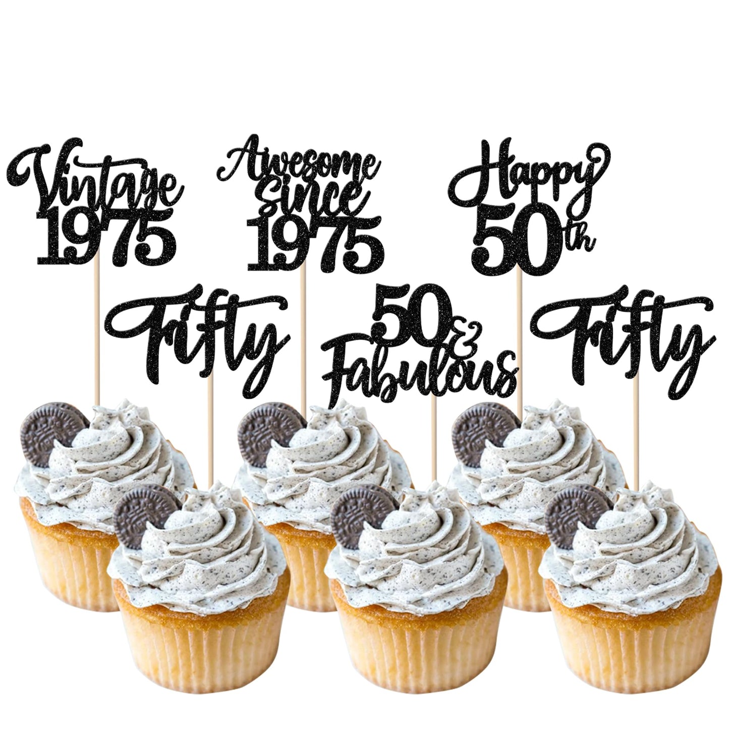 YCTHUNFISH 30 Pack Cupcake Toppers Glitter 50th Birthday Decorations Bamboo Black