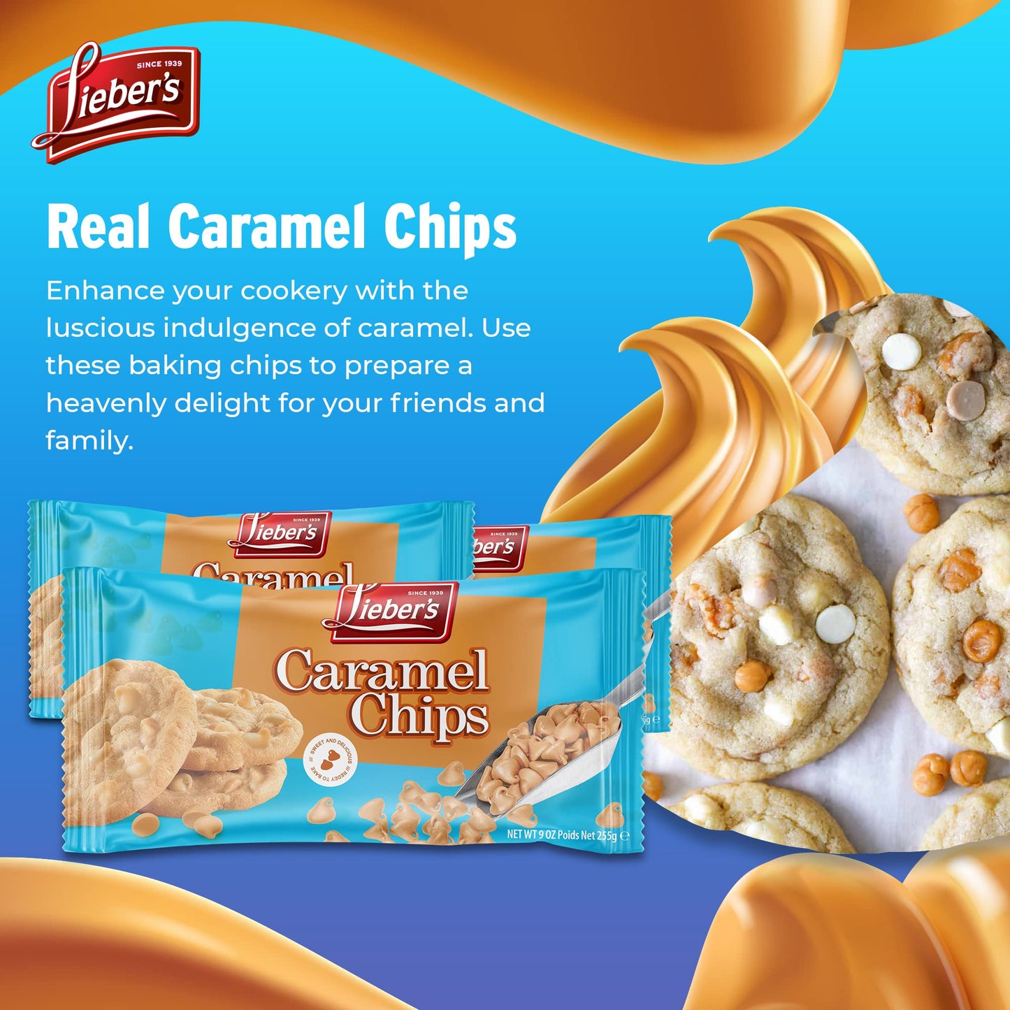 Liebers Real Caramel Chips, Baking Chips, Certified Kosher, 9 Oz Pack of 3