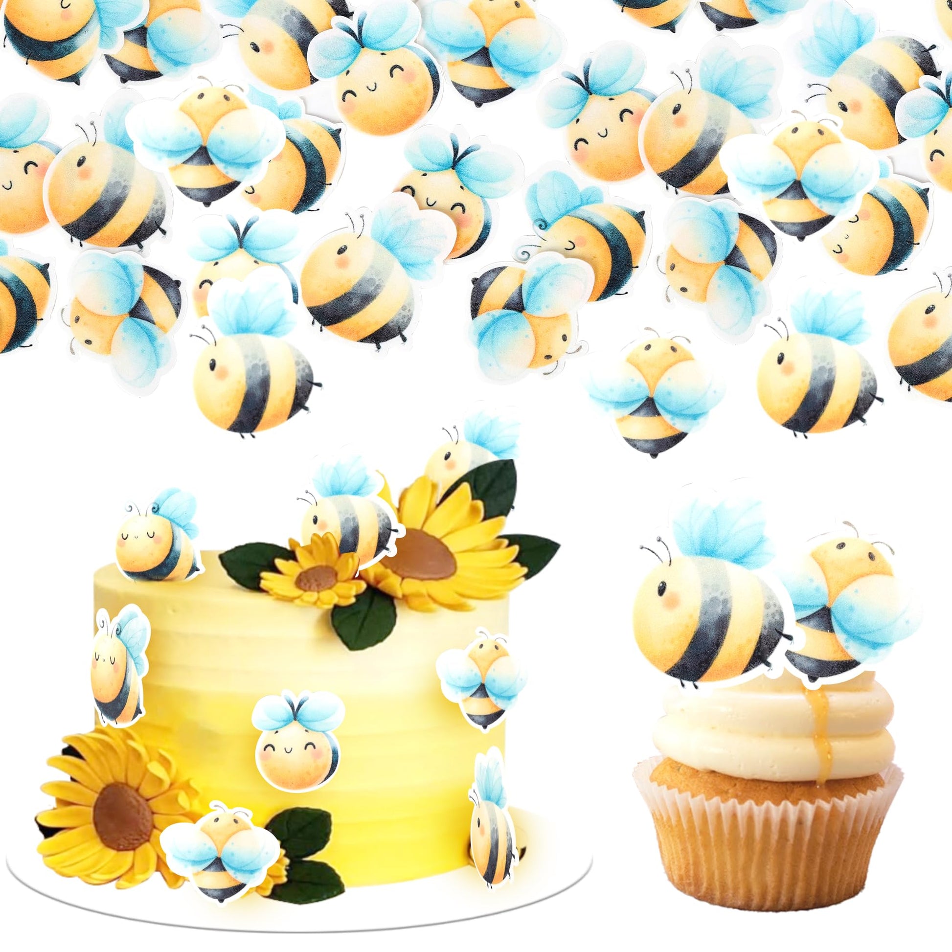 60 PCS Edible Bumble Bee Cupcake Toppers Waper Paper Honey Bee Party Decorations Edible Oh Babee Cupcake Picks for Bee Theme Bab