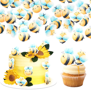 60 PCS Edible Bumble Bee Cupcake Toppers Waper Paper Honey Bee Party Decorations Edible Oh Babee Cupcake Picks for Bee Theme Bab