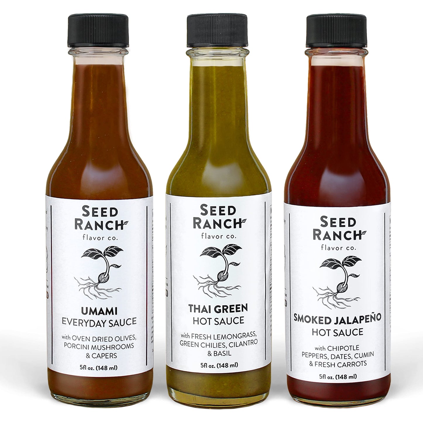 Seed Ranch Hot Sauce Variety Bundle  3 Pack - Umami Everyday Sauce  Thai Green  Rich Flavor Jalapeno - Mild To Medium Heat  Organic Gourmet Hot Sauce - Vegan  Non-Gmo  Gluten-Free