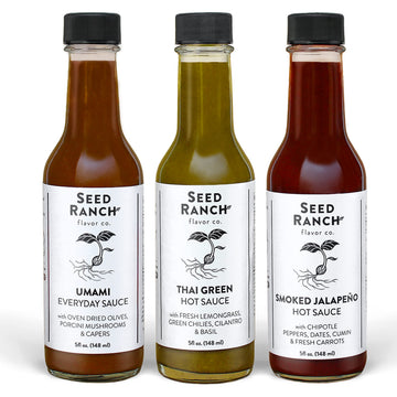 Seed Ranch Hot Sauce Variety Bundle  3 Pack - Umami Everyday Sauce  Thai Green  Rich Flavor Jalapeno - Mild To Medium Heat  Organic Gourmet Hot Sauce - Vegan  Non-Gmo  Gluten-Free