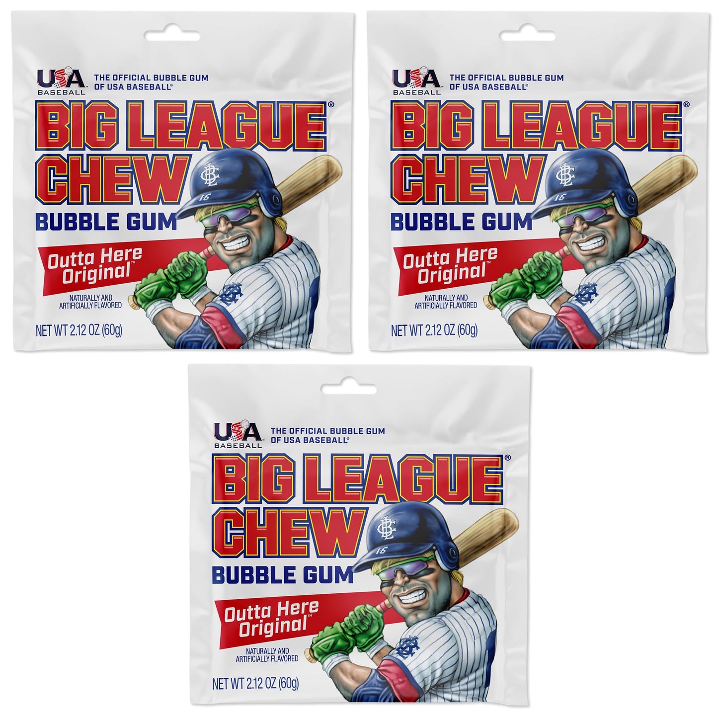 Big League Chew Original Bubble Gum 3-Pack, 2.12oz Packets - White, Baseball Candy for Treats and Party Favors