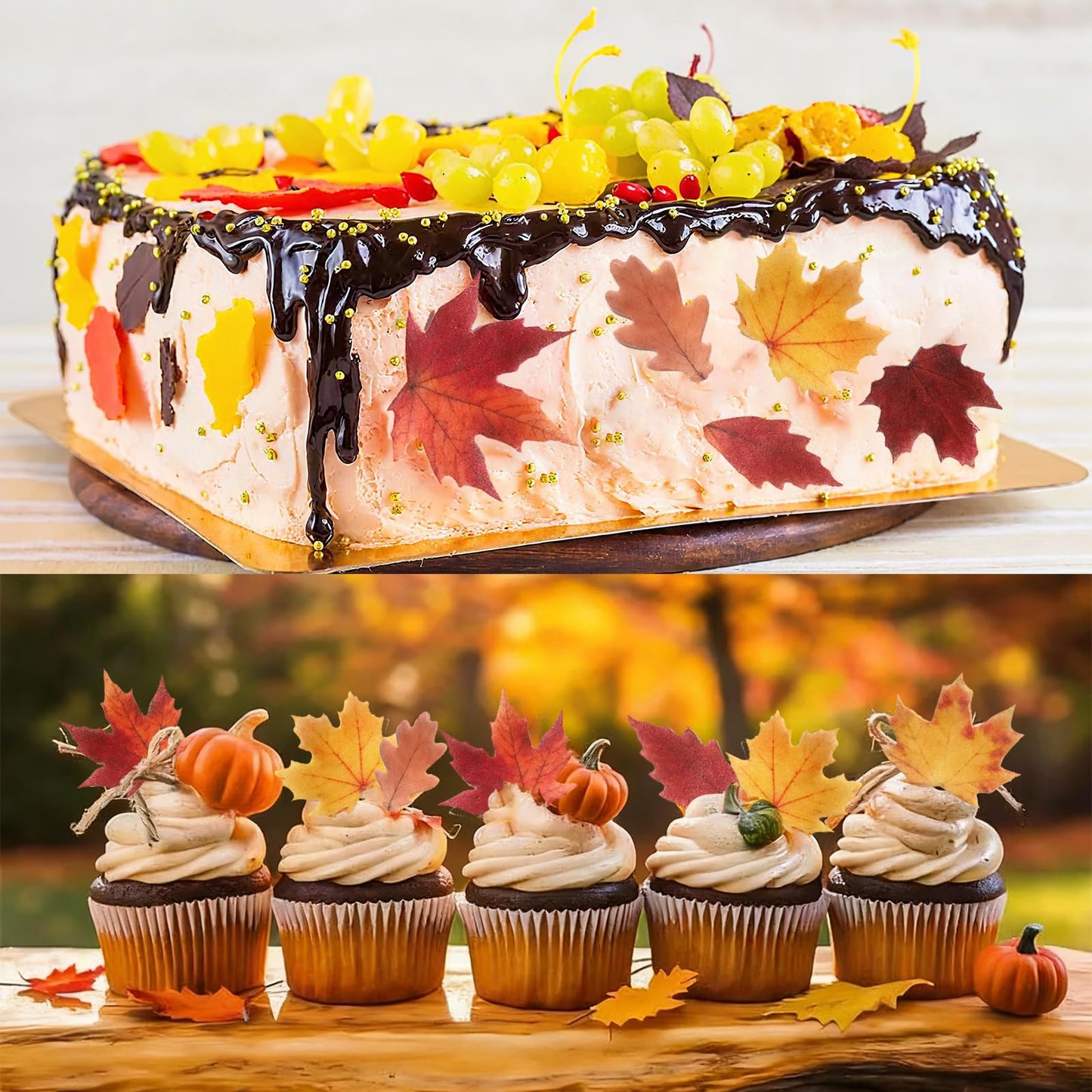 50 Pcs Edible Cupcake Toppers Cake Decorations Wafer Paper Maple Leaves & Pine Cones for Wedding Cakes Birthday Harvest Season Cake Decor (Brown&Yellow&Green)