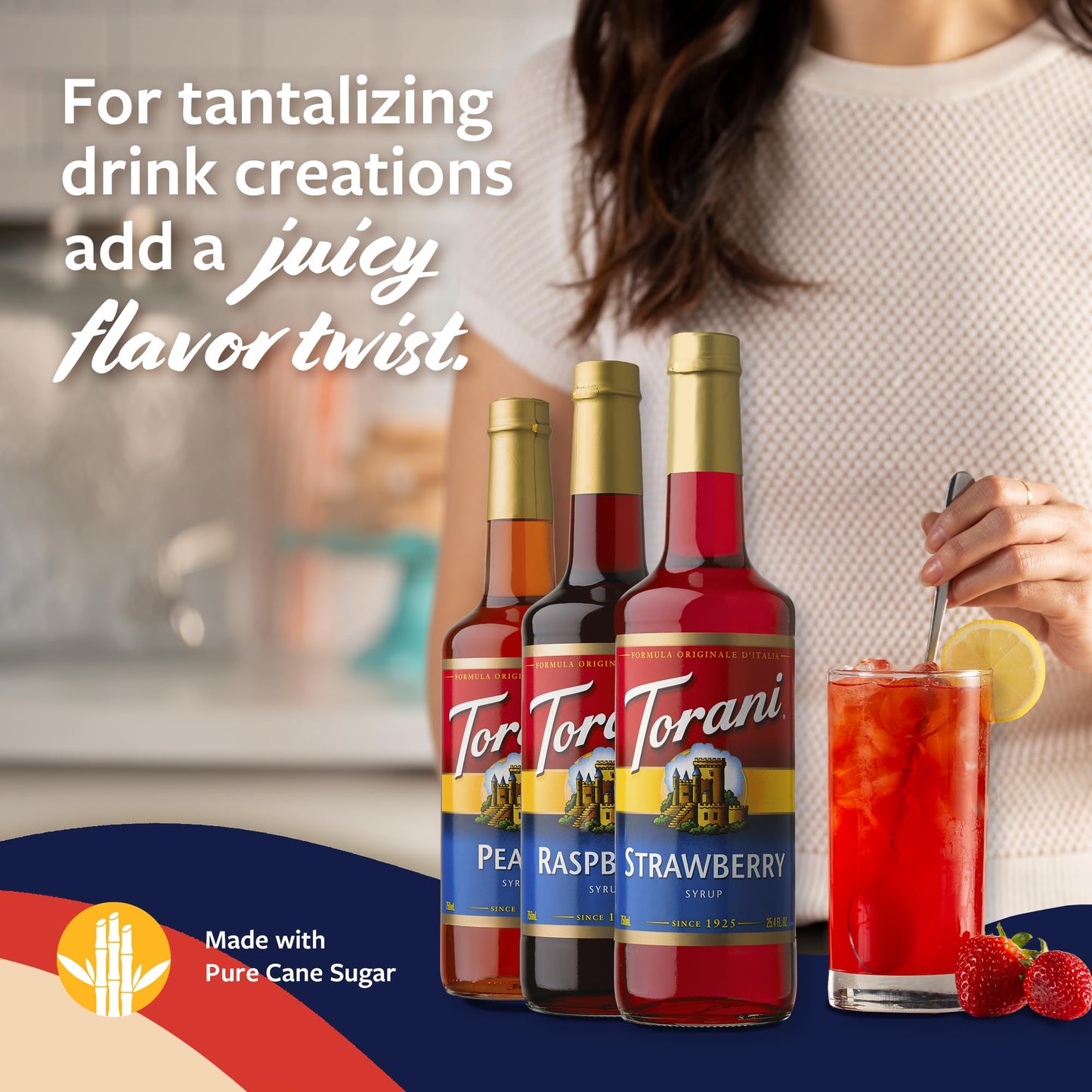 Torani Strawberry  Peach  and Raspberry Syrup for Drinks  Variety 3-Pack  Flavoring for Iced Tea  Lemonade  and Sodas  Pumps Included  25.4 Oz Ea