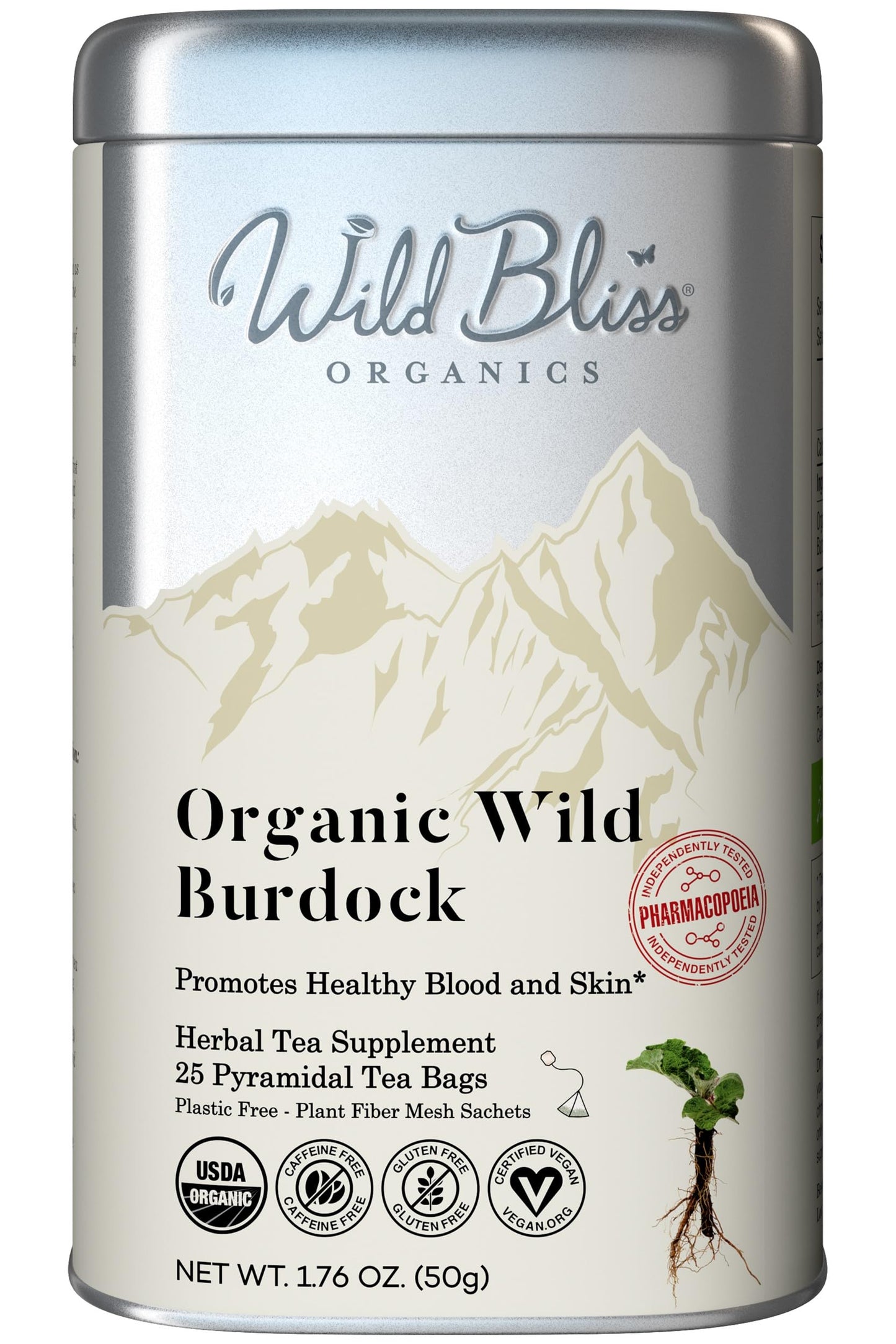 Wild Bliss Organic Burdock Root Tea - Caffeine Free Herbal Detox Support - Pharmacopoeia Quality - 25 Plant Based Tea Bags