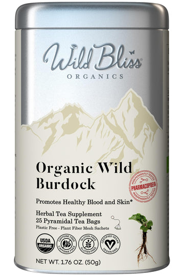 Wild Bliss Organic Burdock Root Tea - Caffeine Free Herbal Detox Support - Pharmacopoeia Quality - 25 Plant Based Tea Bags