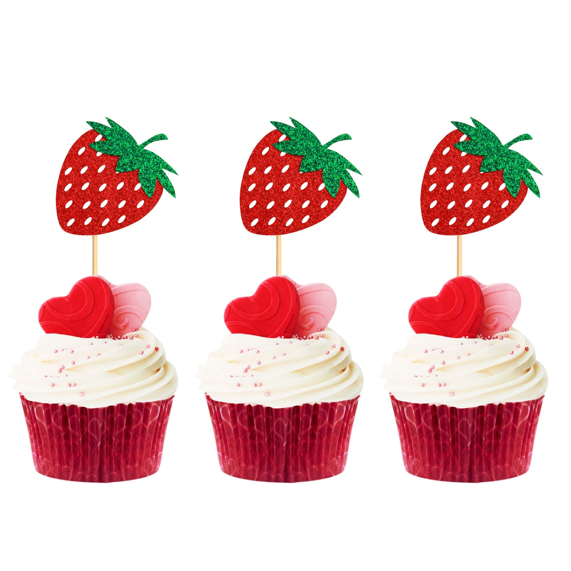 Keaziu Strawberry Cupcake Toppers, 36 Pack, Red, Paper, Party Decorations for Birthday, Wedding, Baby Shower, Summer Garden