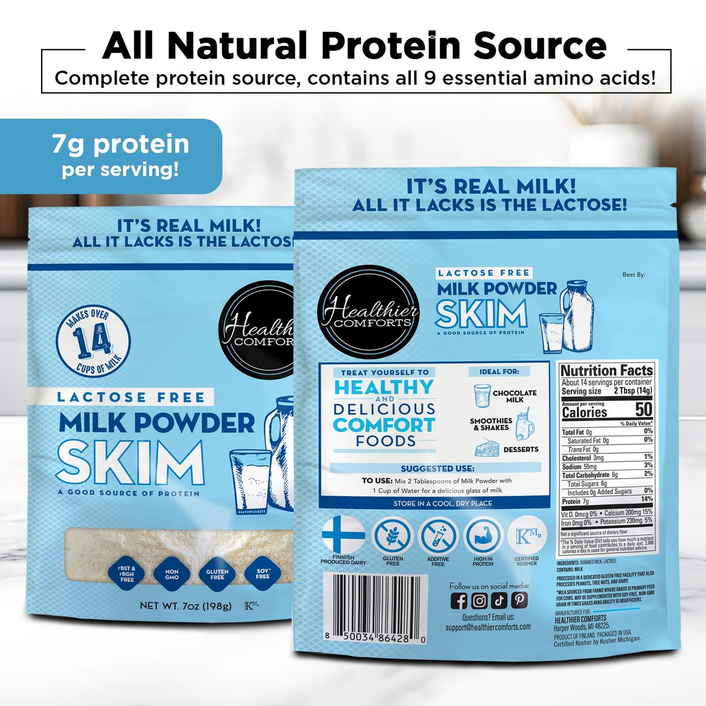 Healthier Comforts Lactose Free Skim Milk Powder | High Protein, Non-GMO | 7 Ounce
