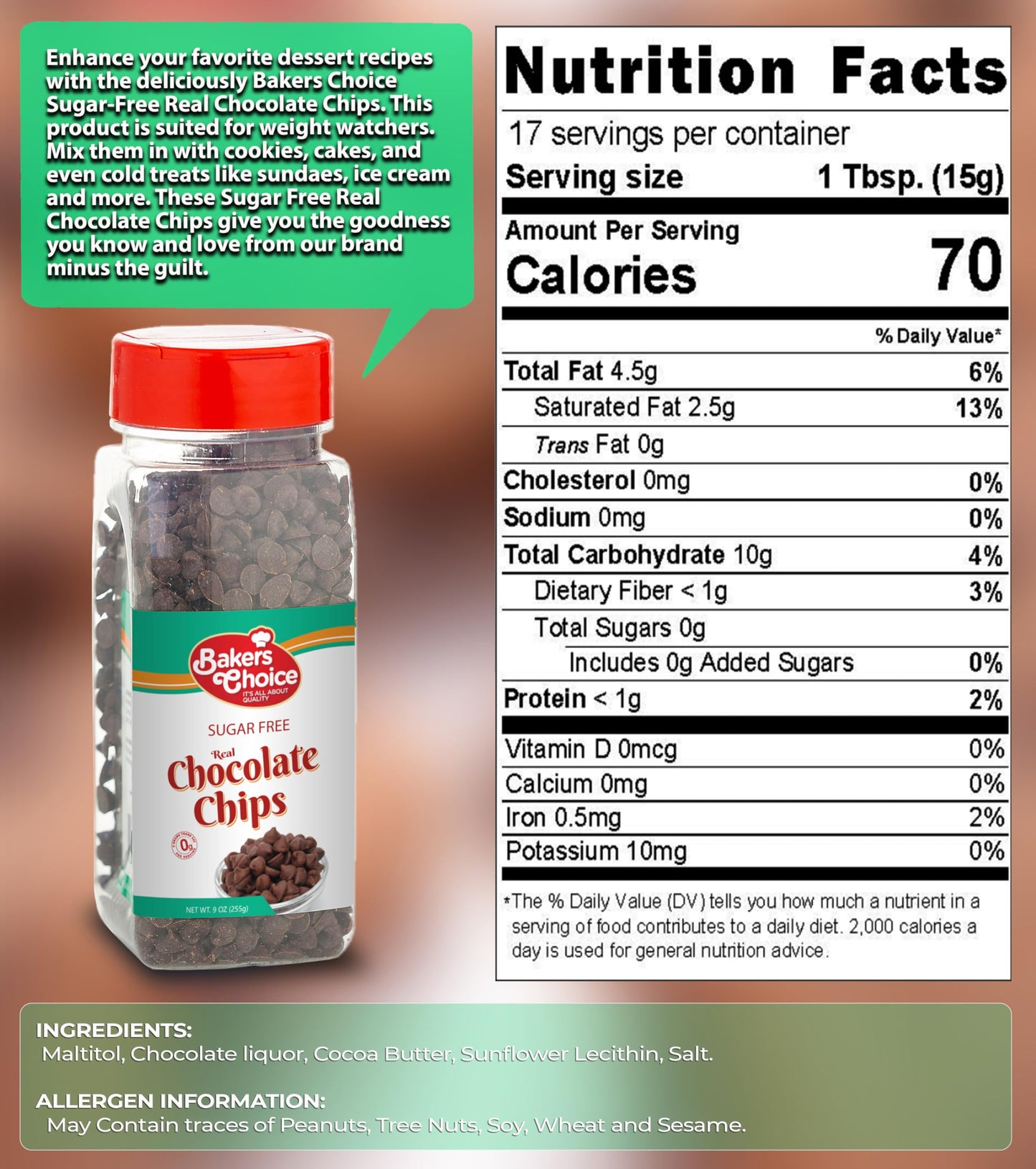 Sugar Free Chocolate Chips (Diet) - Dairy Free, Kosher - 9 oz. - Bakers Choice