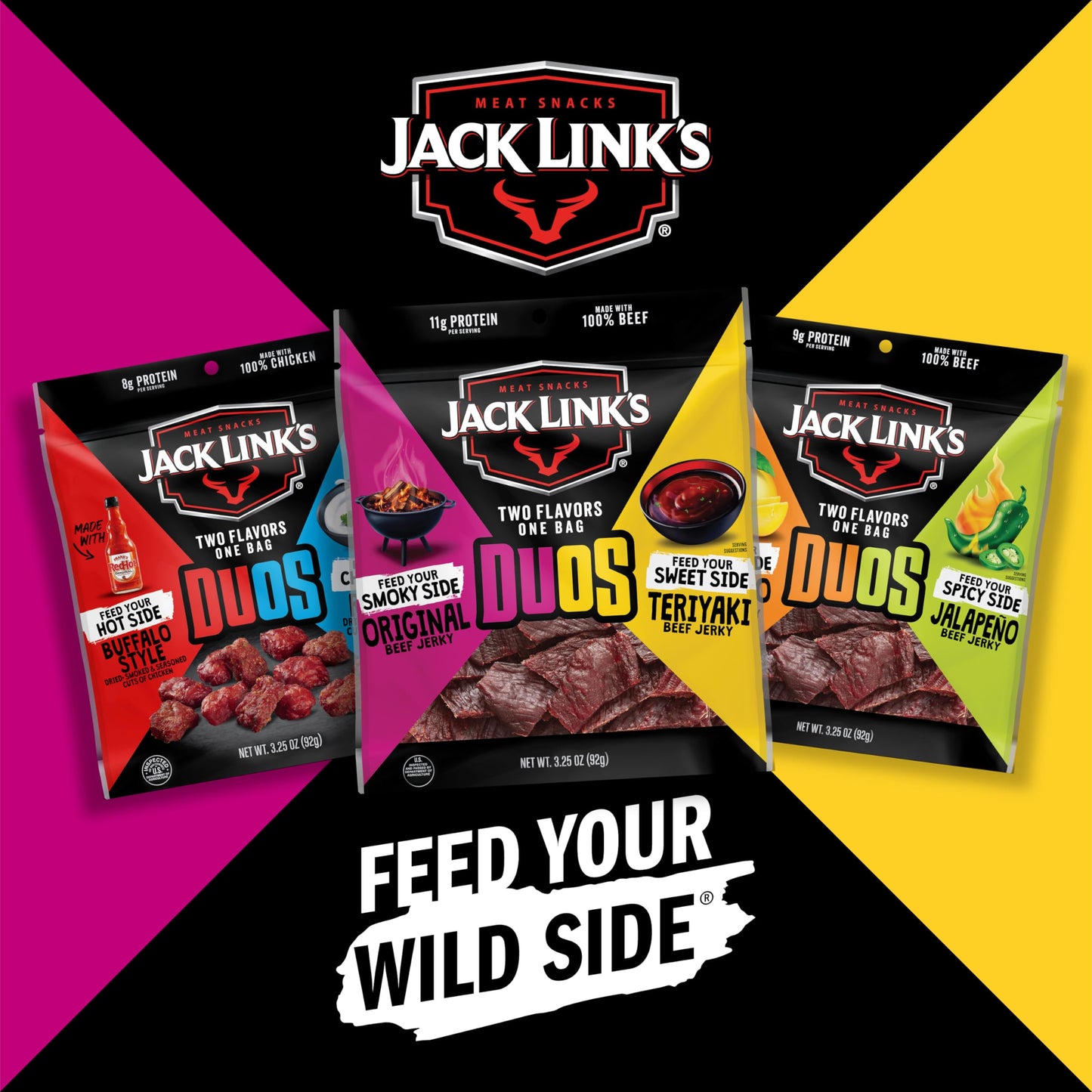 Jack Link s DUOs Original and Teriyaki Beef Jerky  Shareable Under 100 Calories Snack Packs with 11g of Protein  Great Stocking Stuffers  Bulk Pack of Individual Bags of Meat Snacks - 3.25oz (4 Count)