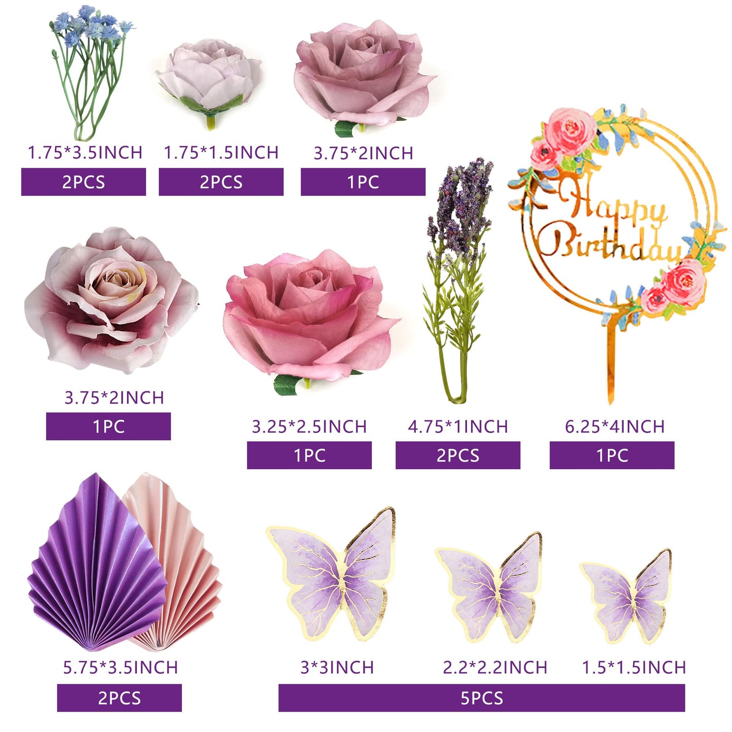 17 Pcs Flower Cake Toppers Butterfly Cake Decorations Happy Birthday Cake Toppers With Artificial Purple And Pink Rose Eucalyptu