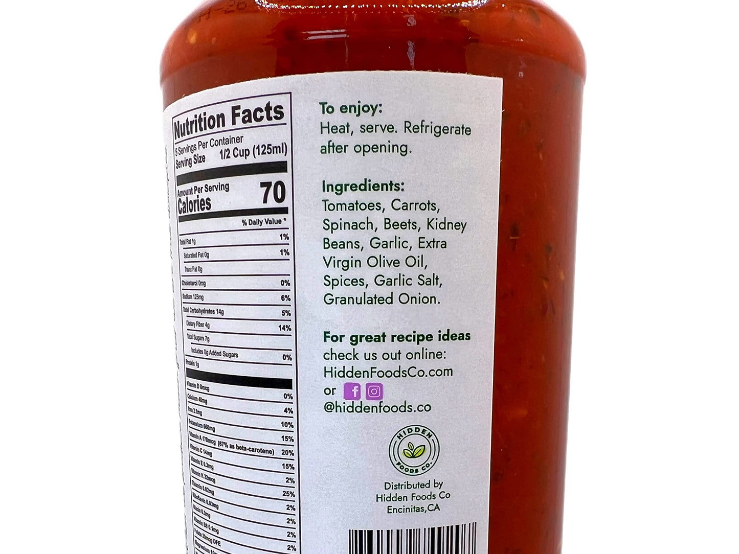 Hidden Foods Slow Cooked Marinara Sauce With Natural Vegetables, 24 Oz. Jar, Low Carb And Low Sodium, No Sugar Added, Thick And