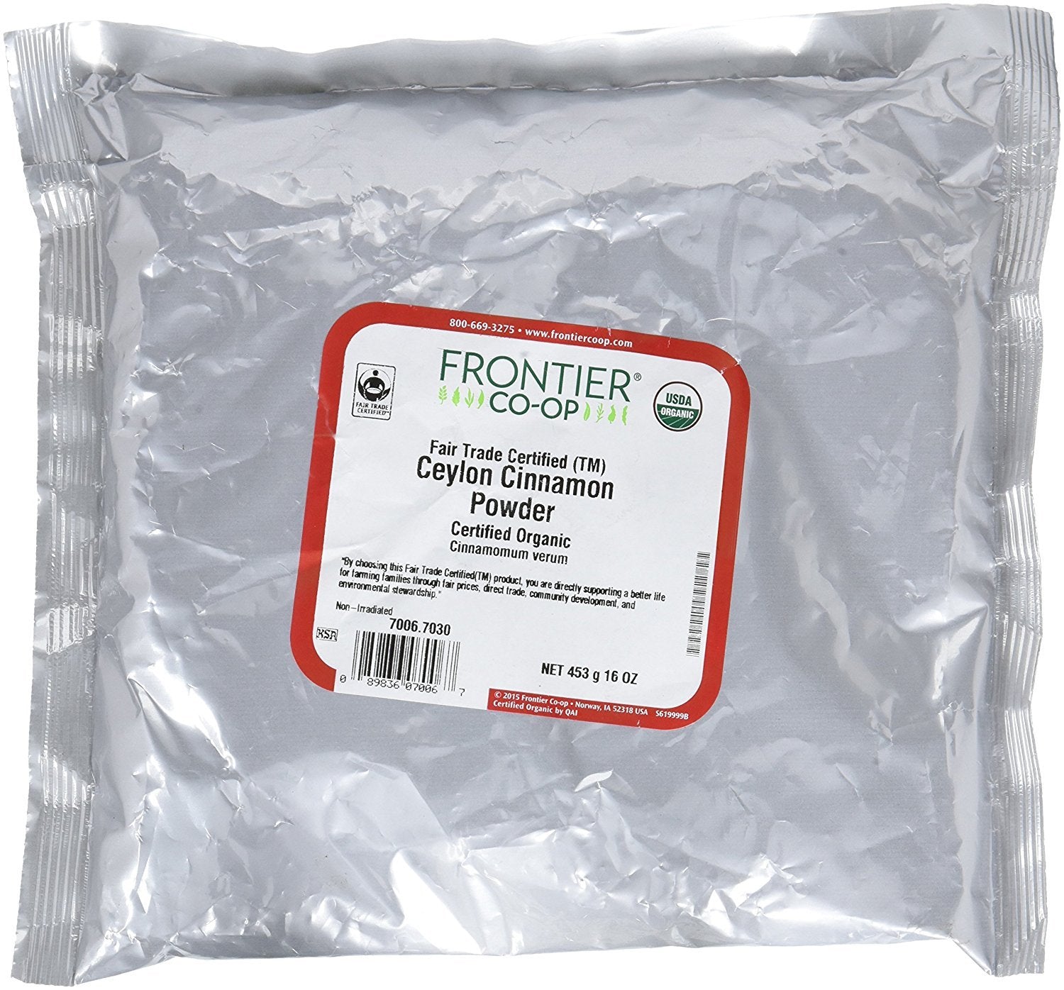 Frontier Organic Ceylon Ground Cinnamon, 1-Pound Bulk Bag, Non-Gmo Fair-Trade Certified Organic Cinnamon Powder